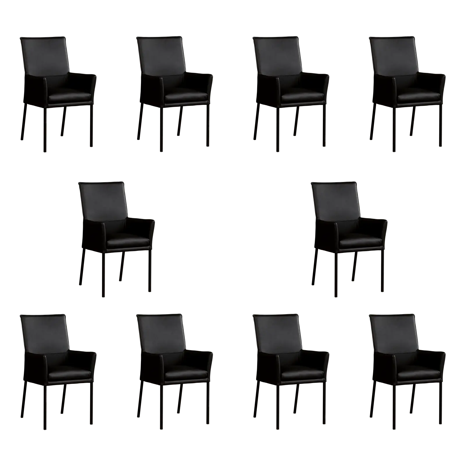 afbeelding van Set van 10 Leren eetkamerstoelen Royal - Hermes Nero (zwart) - Poten staal vierkant zwart