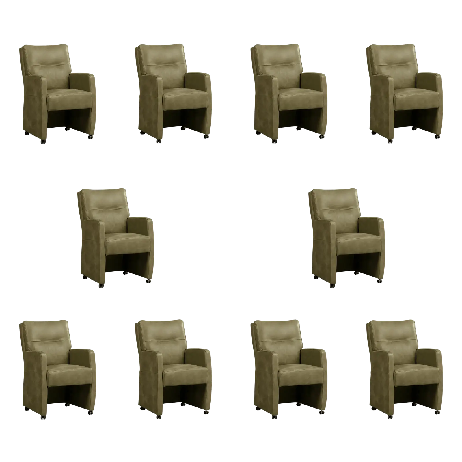 afbeelding van Set van 10 Leren eetkamerstoelen Sharp - Kenia Olive (olijf) - Met handgreep RVS