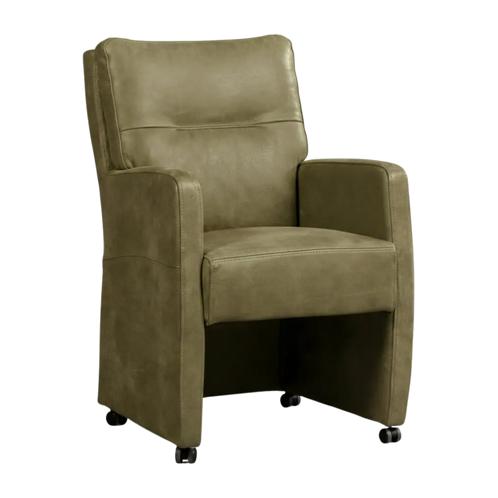 afbeelding van Set van 10 Leren eetkamerstoelen Sharp - Kenia Olive (olijf) - Met handgreep RVS