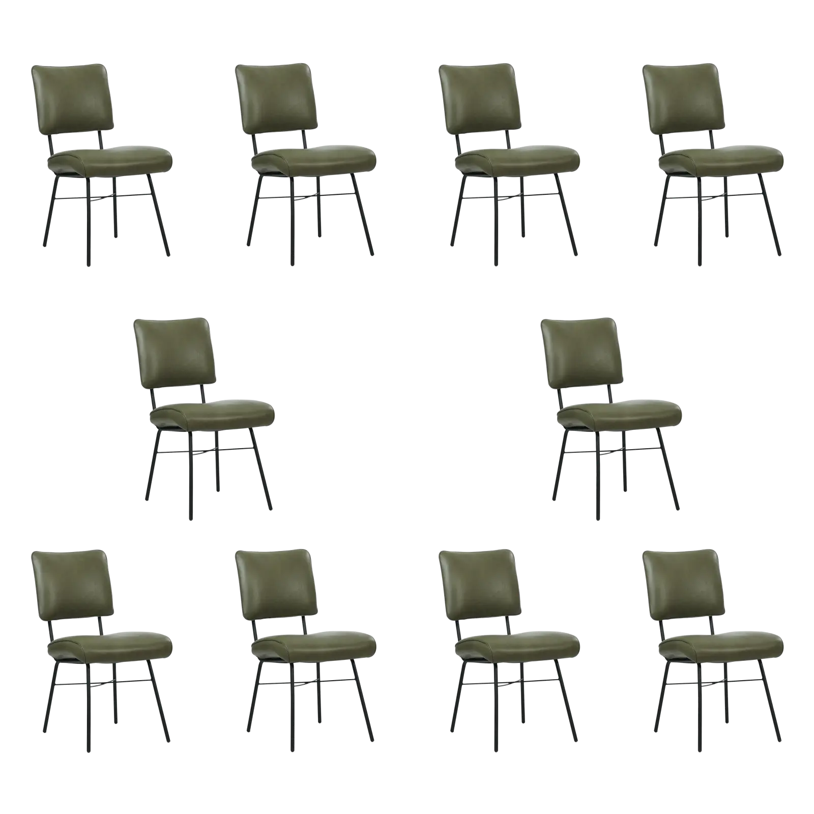 afbeelding van Set van 10 Leren eetkamerstoelen Solid - Granada Moss (olijf/groen) - Poten staal rond zwart