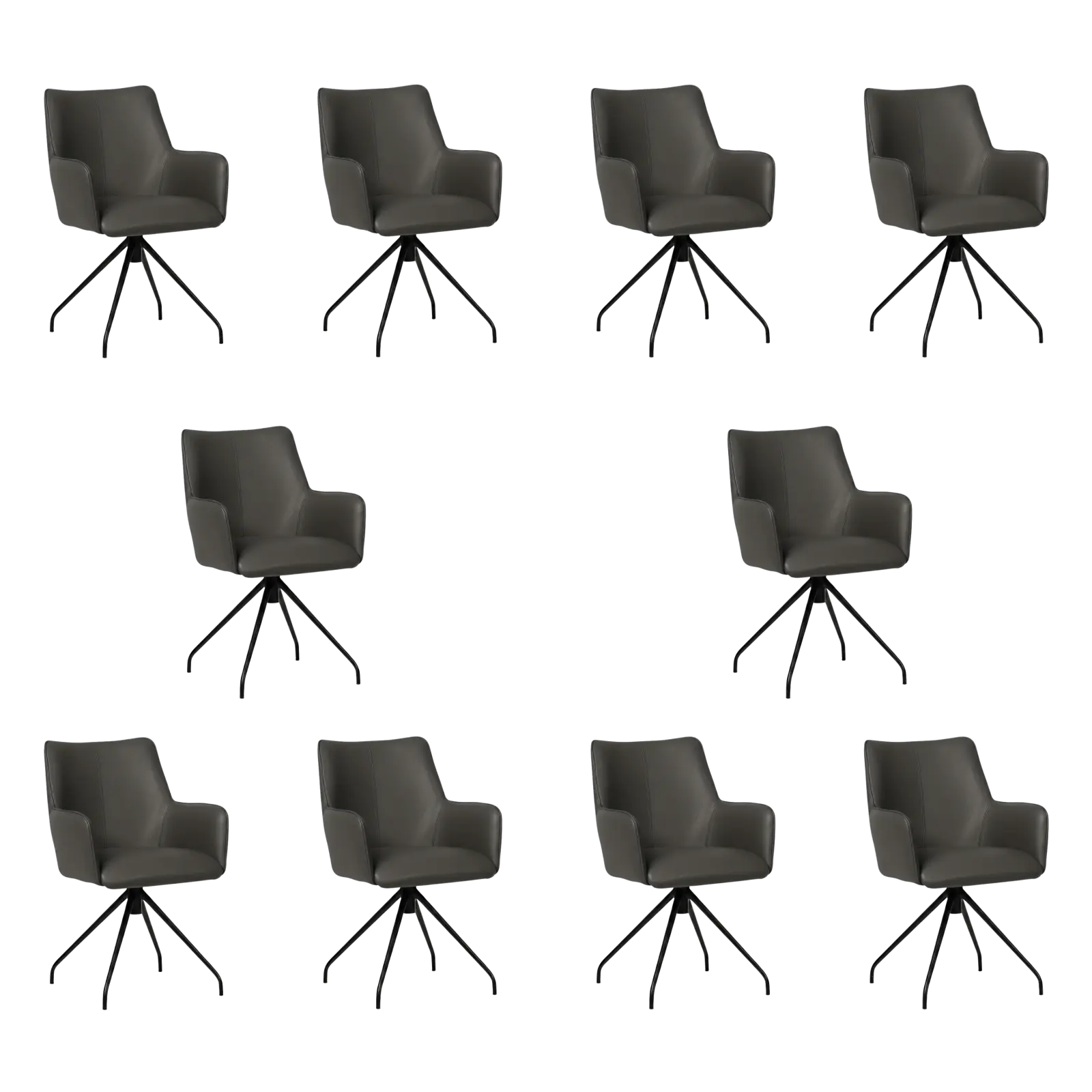 afbeelding van Set van 10 Leren eetkamerstoelen Wave - Toledo Antracite (donkergrijs) - Spinpoot staal rond zwart