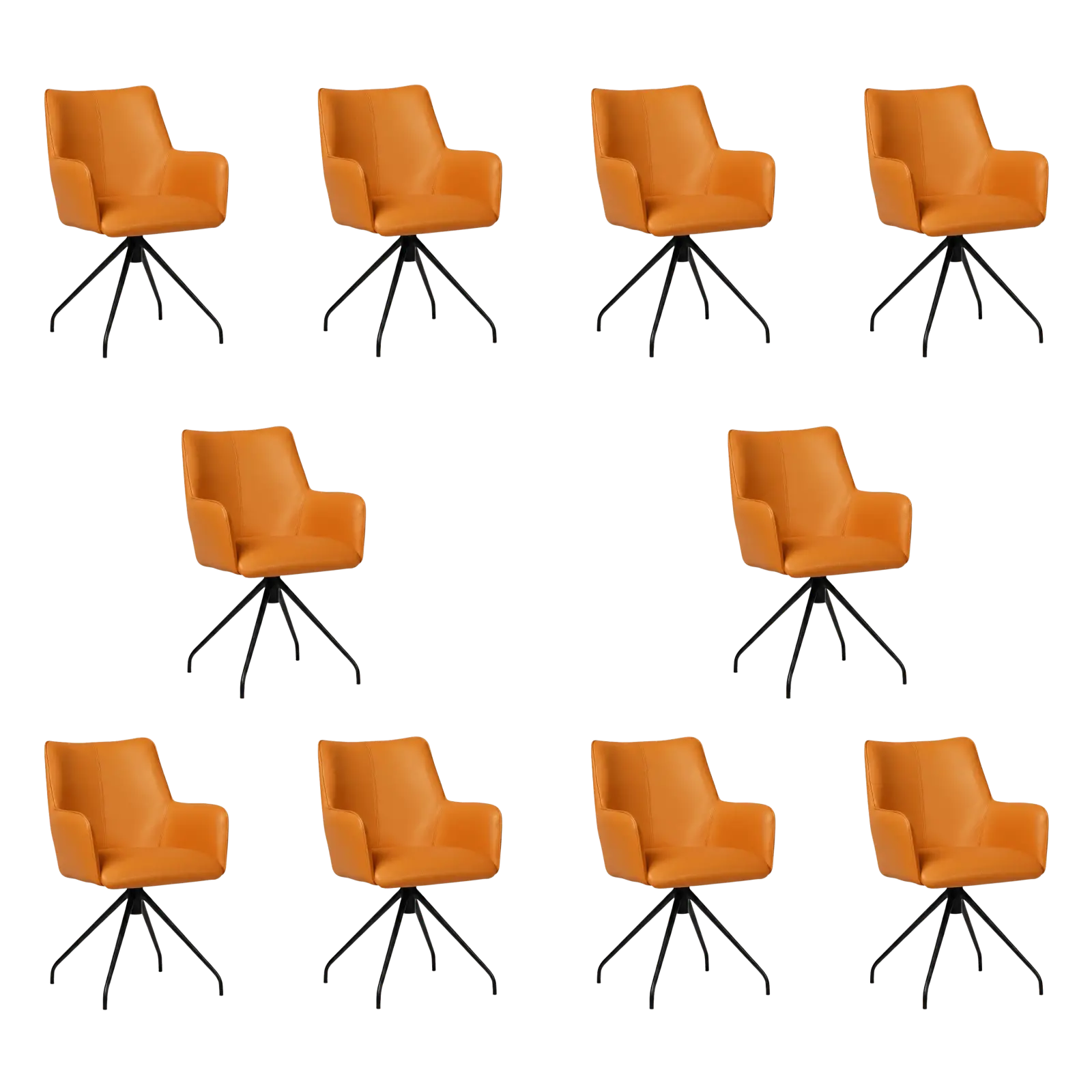 afbeelding van Set van 10 Leren eetkamerstoelen Wave - Toledo Mandarin (oranje) - Spinpoot staal rond zwart