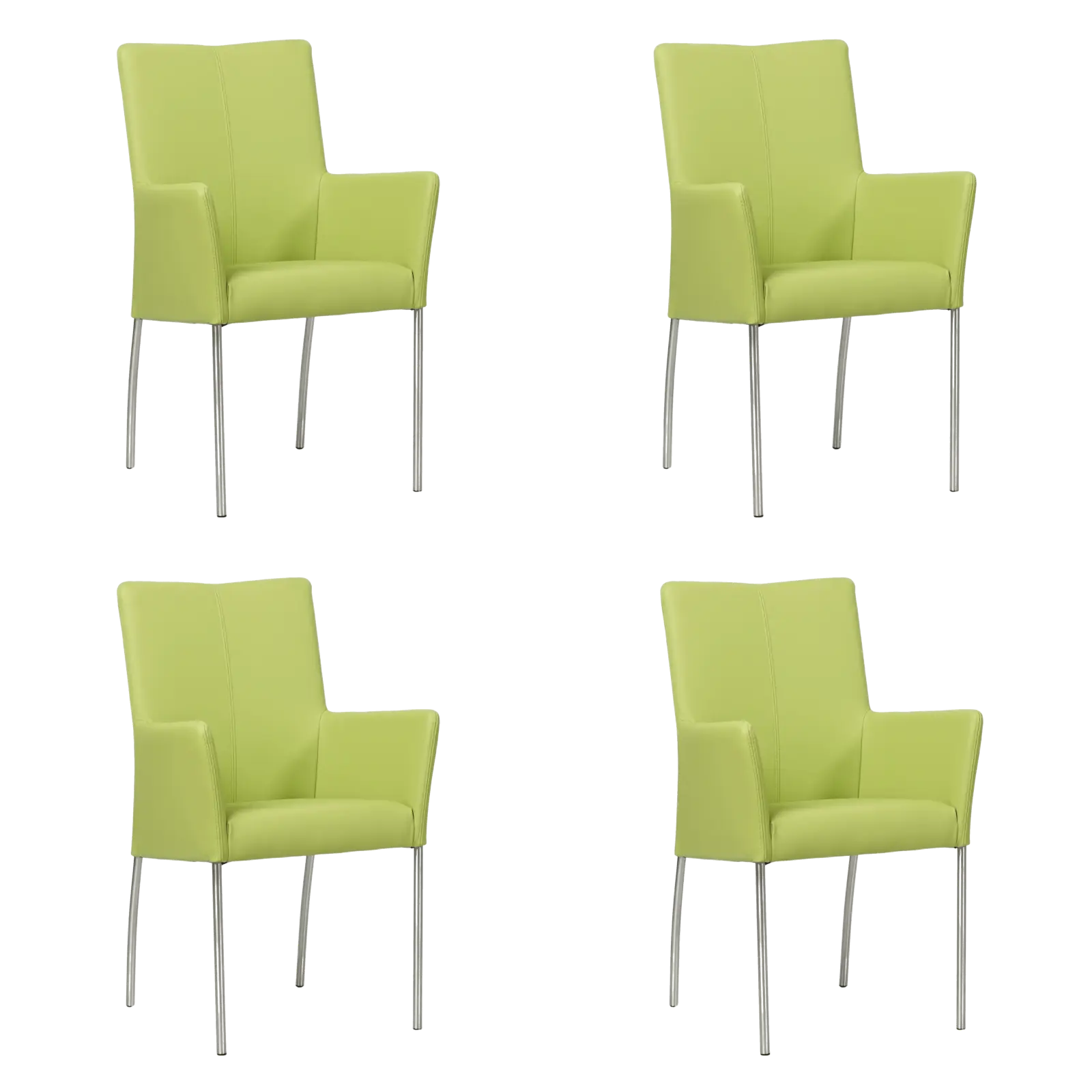 afbeelding van Set van 4 Leren eetkamerstoelen Comfort met armleuning - Hermes Lime (felgroen) - Poten staal rond RVS