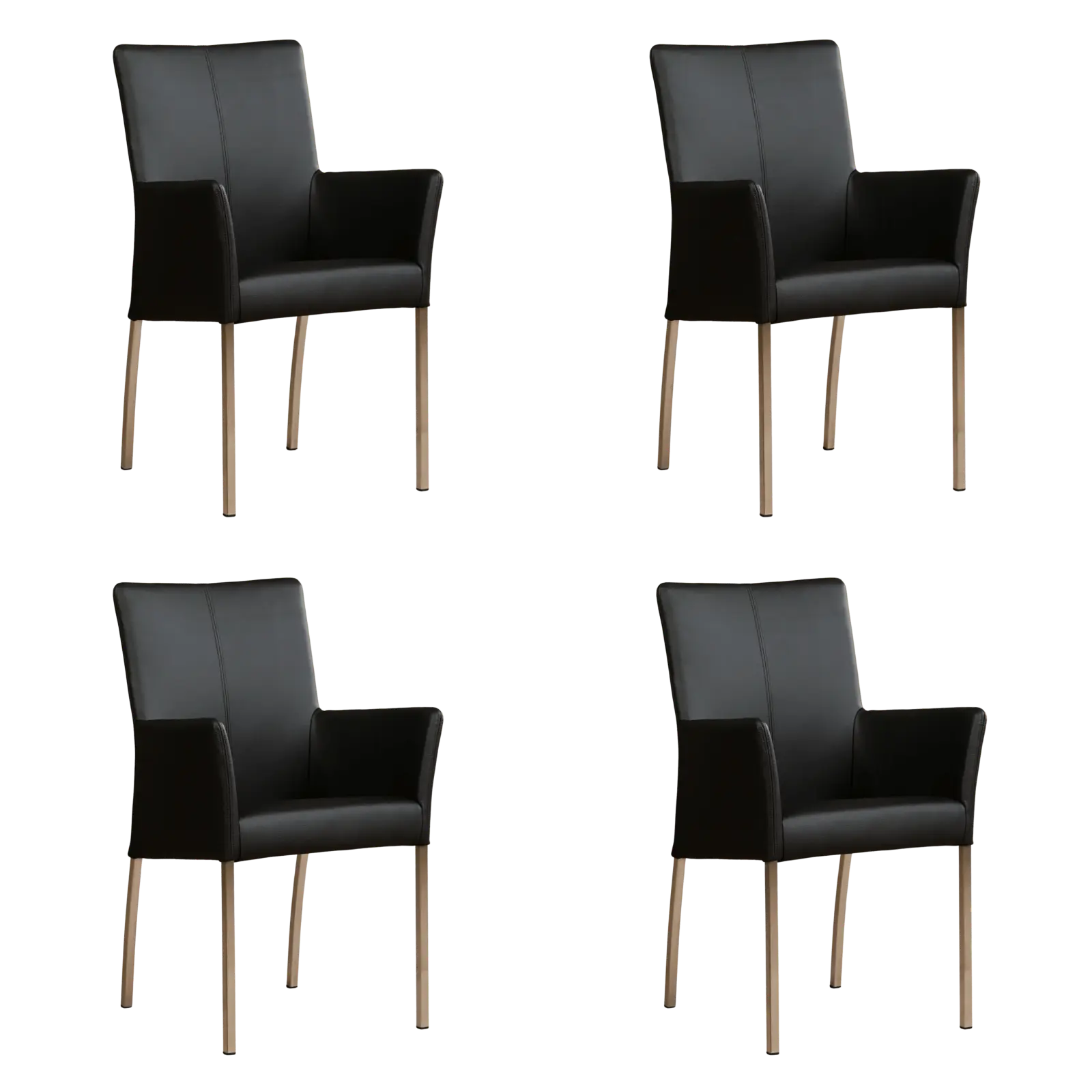 afbeelding van Set van 4 Leren eetkamerstoelen Comfort met armleuning - Hermes Nero (zwart) - Poten staal vierkant RVS