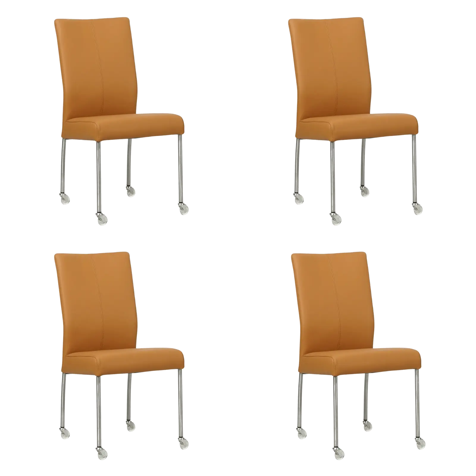 afbeelding van Set van 4 Leren eetkamerstoelen Comfort met wieltjes - Toledo Sabbia (lichtcognac) - Poten staal rond RVS