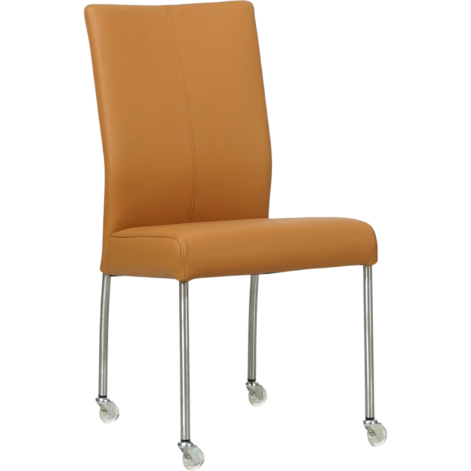 afbeelding van Set van 4 Leren eetkamerstoelen Comfort met wieltjes - Toledo Sabbia (lichtcognac) - Poten staal rond RVS