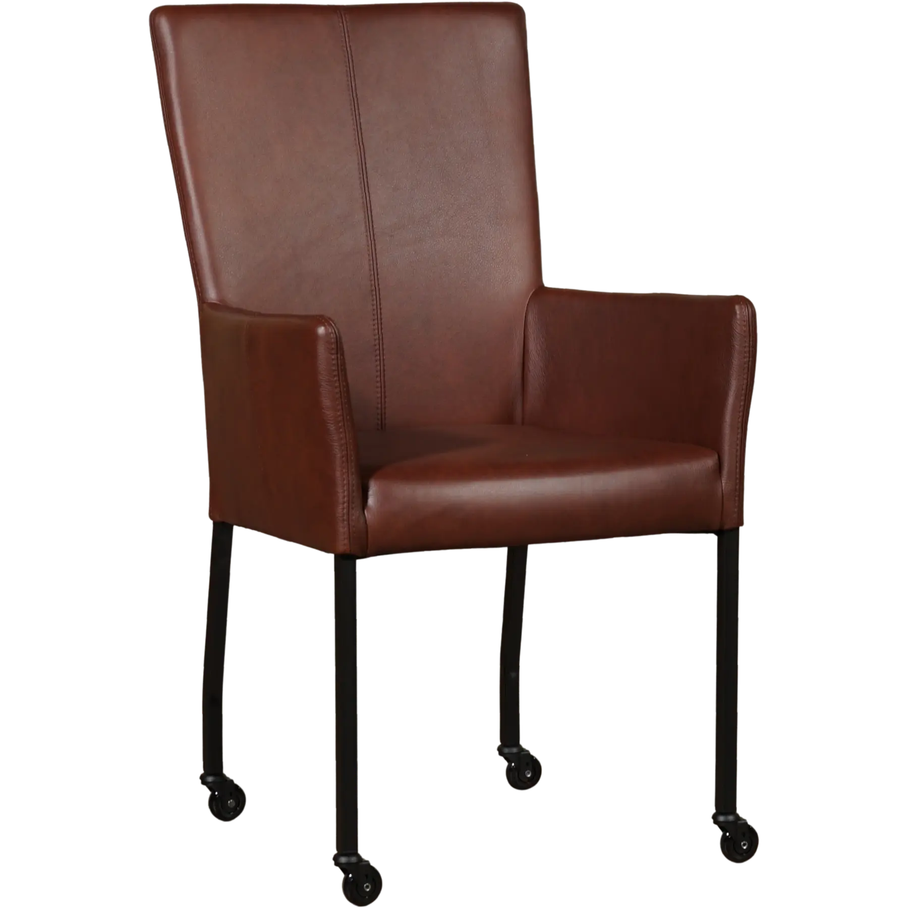 afbeelding van Set van 4 Leren eetkamerstoelen Deal met armleuning - Granada Cognac (donkercognac) - Poten staal vierkant zwart