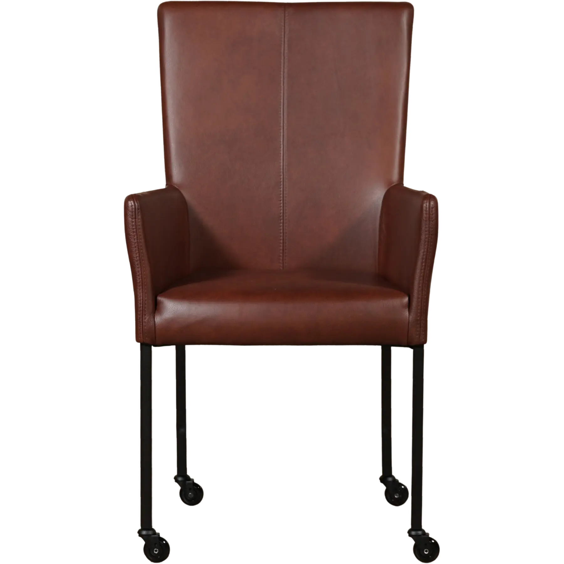 afbeelding van Set van 4 Leren eetkamerstoelen Deal met armleuning - Granada Cognac (donkercognac) - Poten staal vierkant zwart