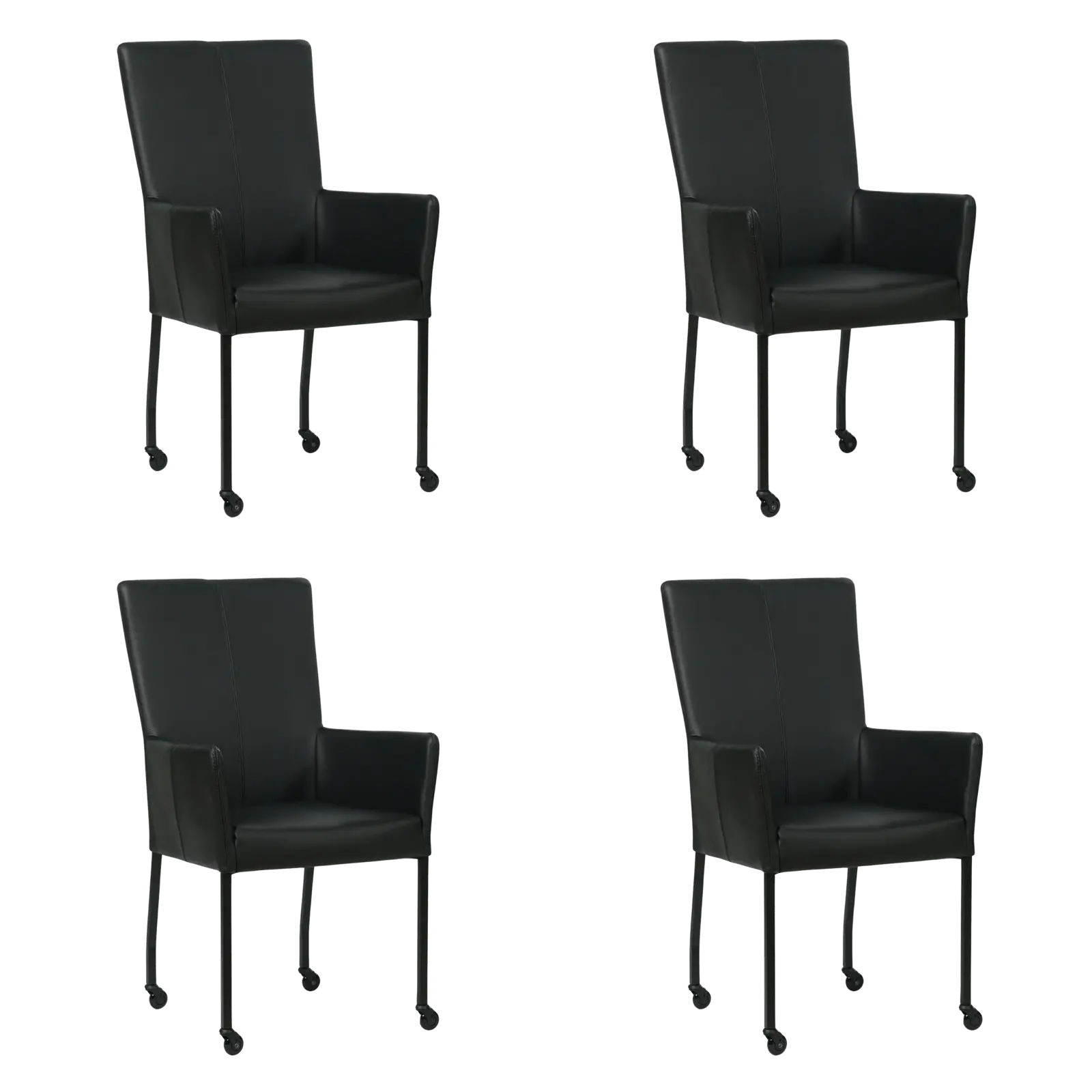 afbeelding van Set van 4 Leren eetkamerstoelen Deal met armleuning - Toledo Nero (zwart) - Poten staal vierkant zwart