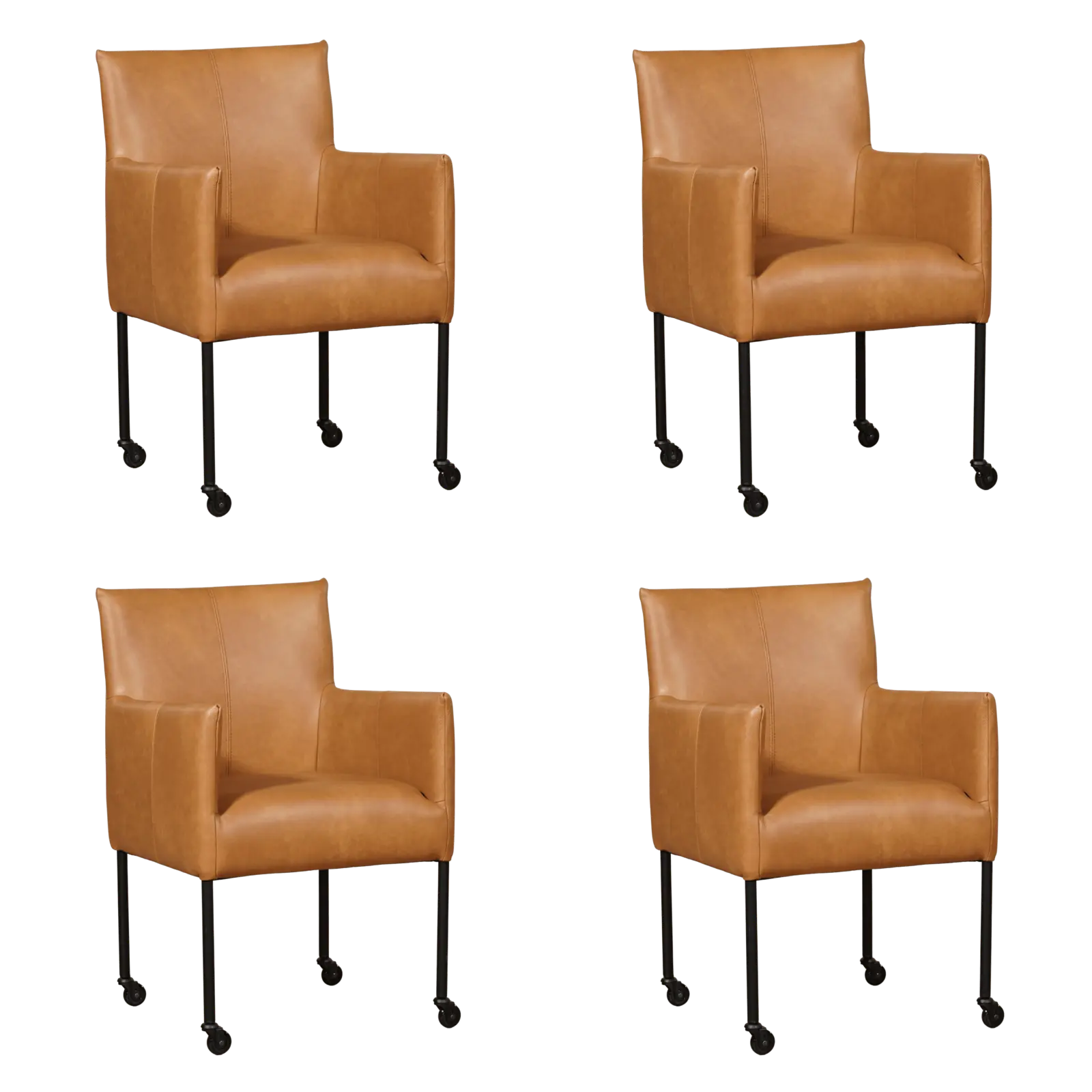 afbeelding van Set van 4 Leren eetkamerstoelen Desire - Granada Sahara (cognac) - Poten staal rond zwart