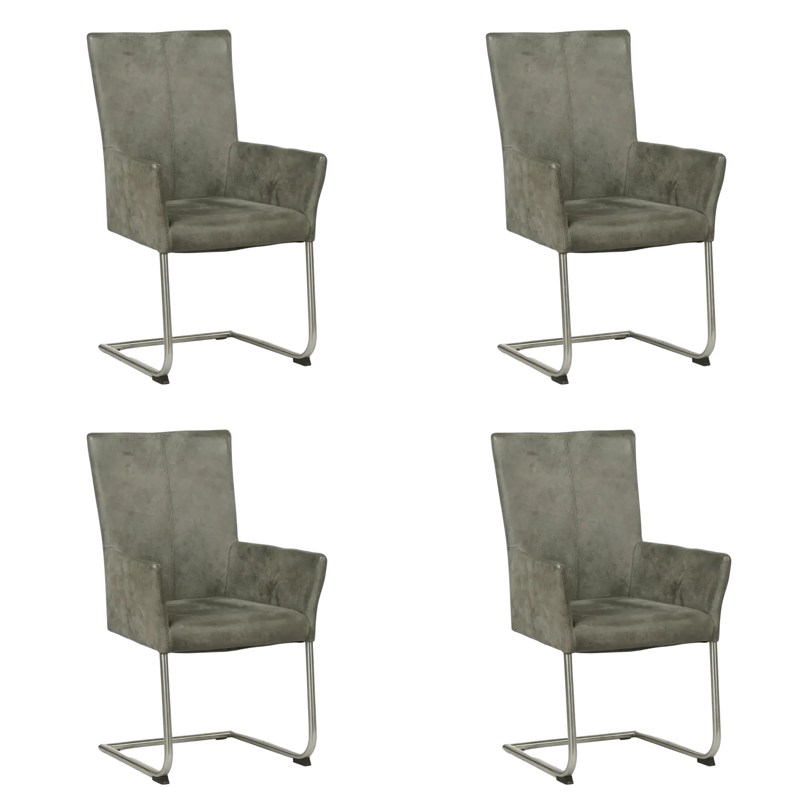 afbeelding van Set van 4 Leren eetkamerstoelen Dry met armleuning - Kenia Antracite (grijs) - Sledepoot staal rond RVS
