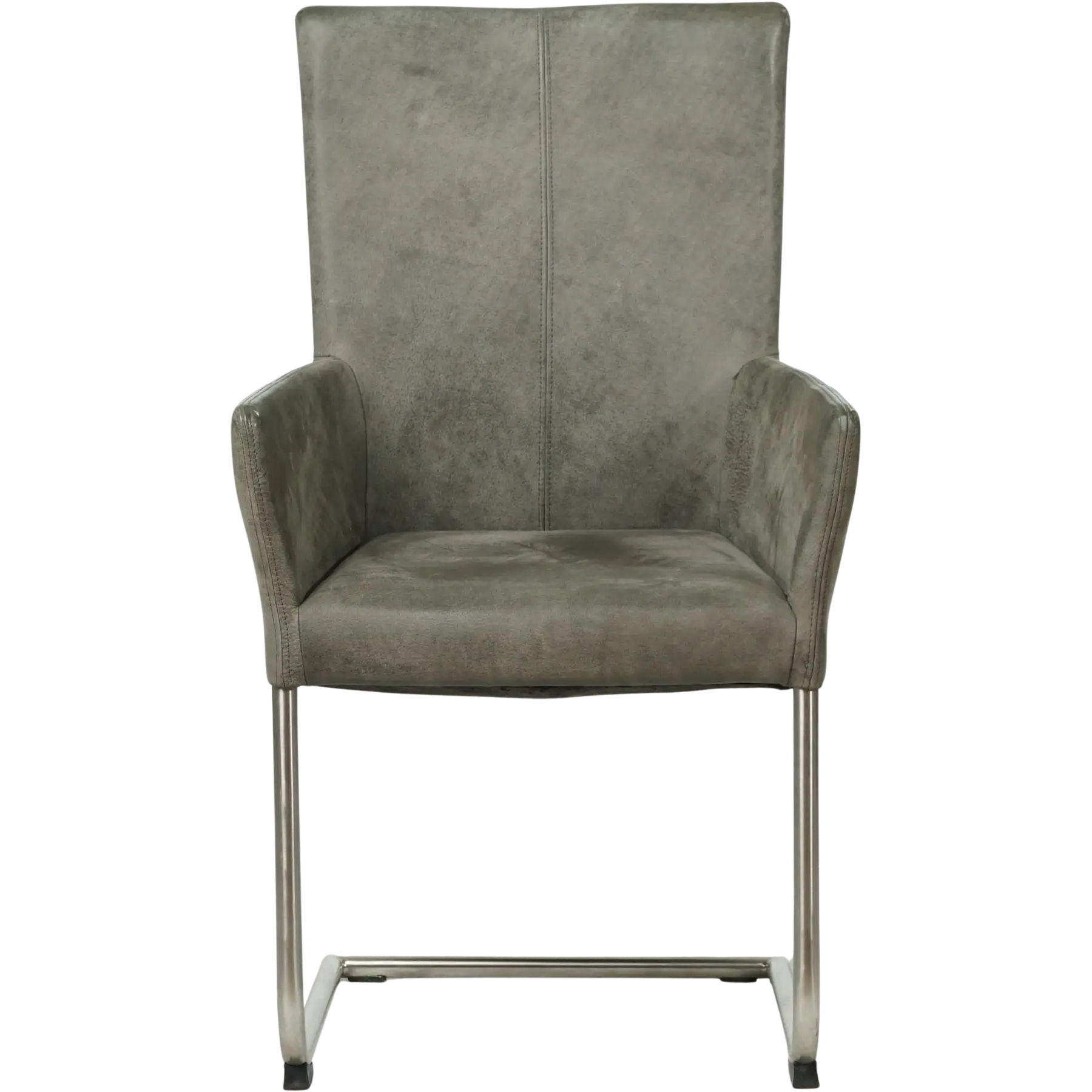 afbeelding van Set van 4 Leren eetkamerstoelen Dry met armleuning - Kenia Antracite (grijs) - Sledepoot staal rond RVS