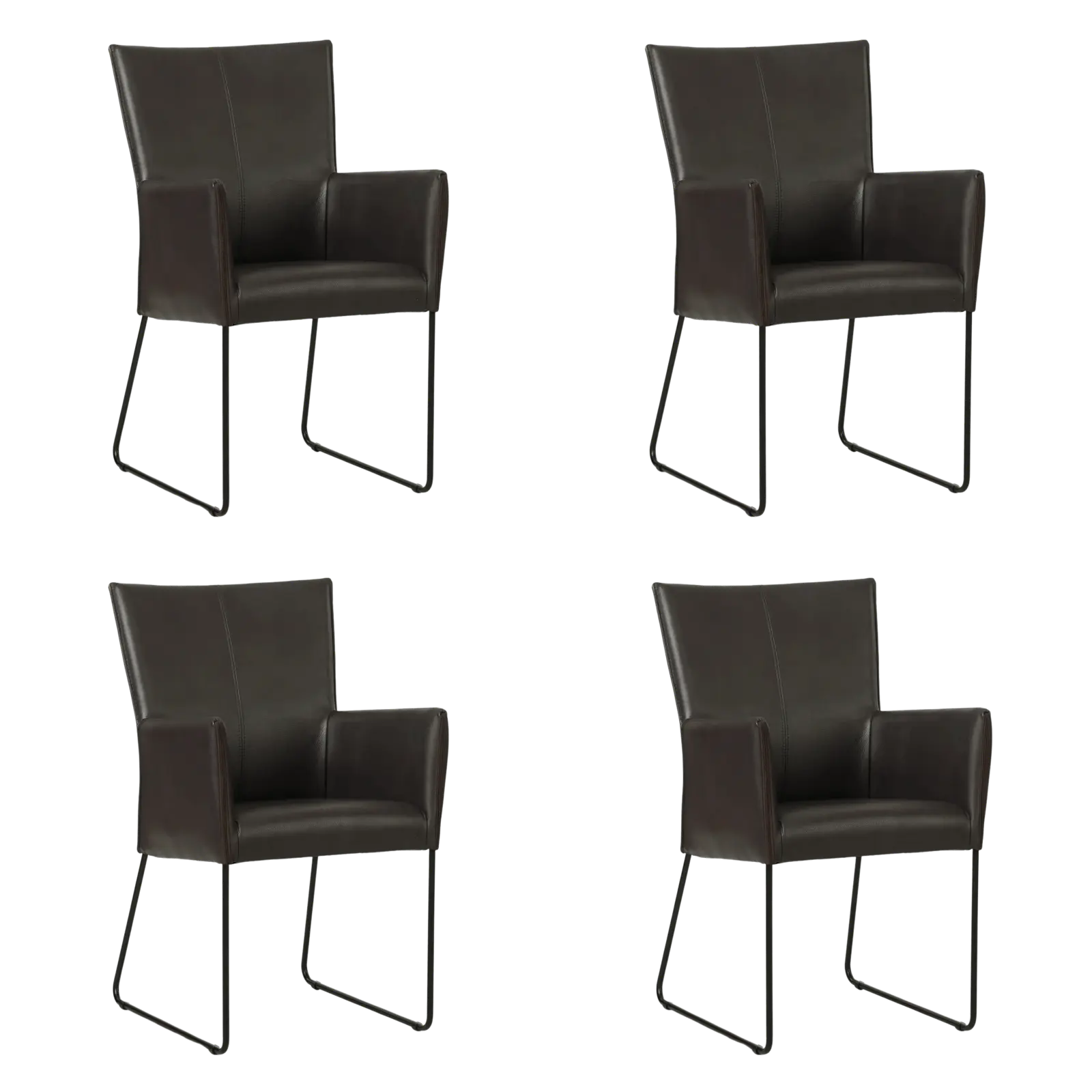 afbeelding van Set van 4 Leren eetkamerstoelen Mate met armleuning - Granada Ebony (donkerbruin) - U-poot staal rond zwart