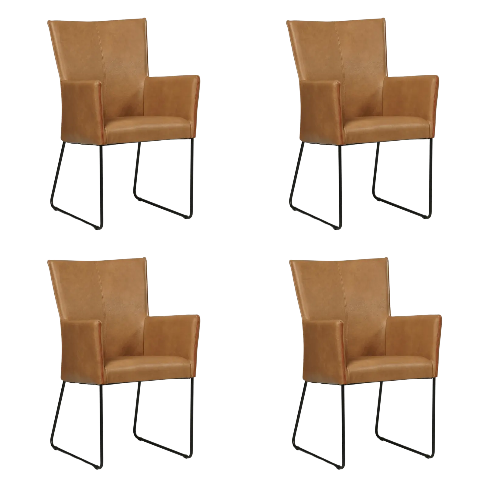 afbeelding van Set van 4 Leren eetkamerstoelen Mate met armleuning - Granada Sahara (cognac) - U-poot staal rond zwart