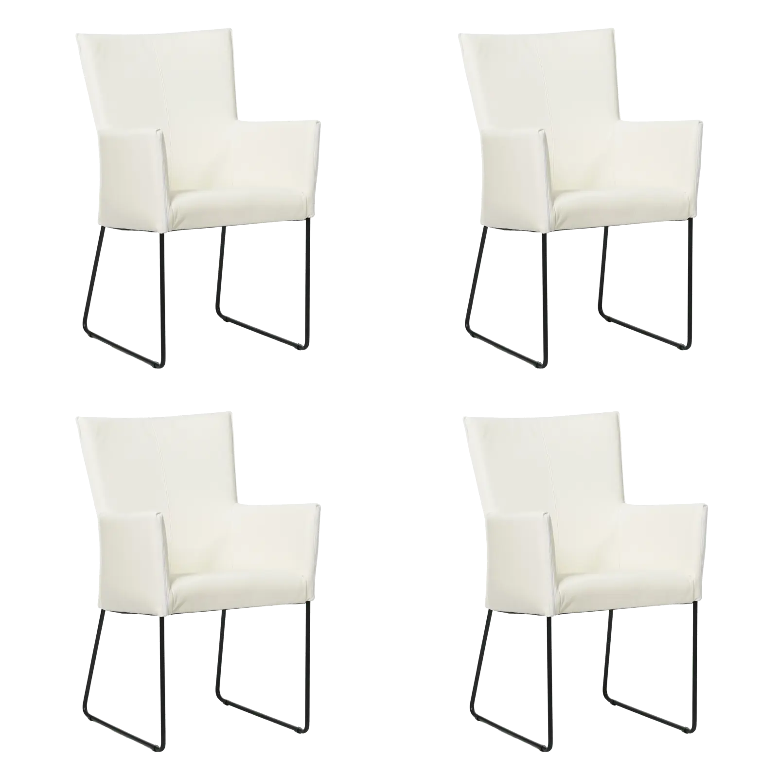 afbeelding van Set van 4 Leren eetkamerstoelen Mate met armleuning - Hermes Bianco (gebroken wit) - U-poot staal rond zwart