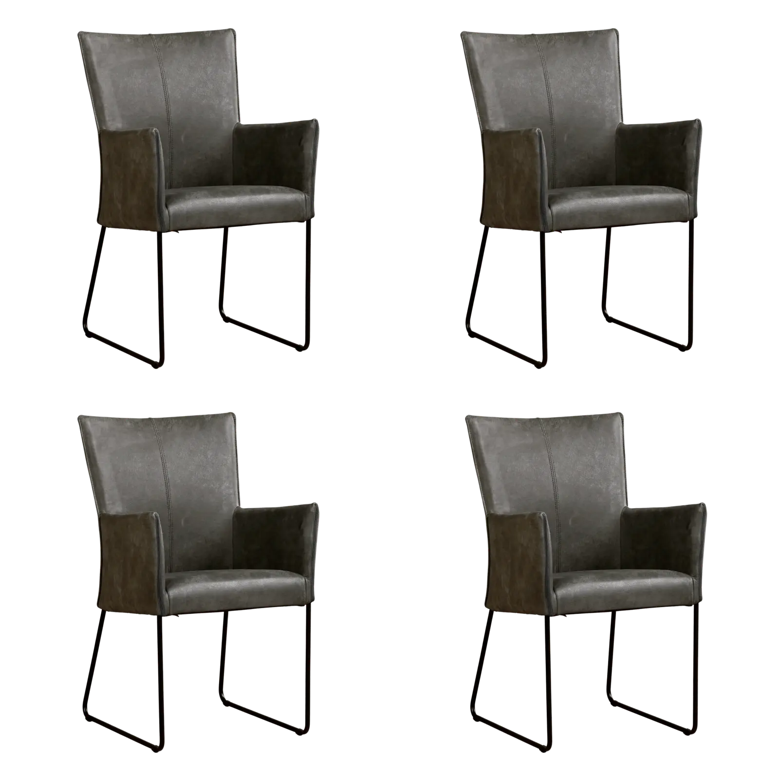 afbeelding van Set van 4 Leren eetkamerstoelen Mate met armleuning - Kenia Antracite (grijs) - U-poot staal rond zwart