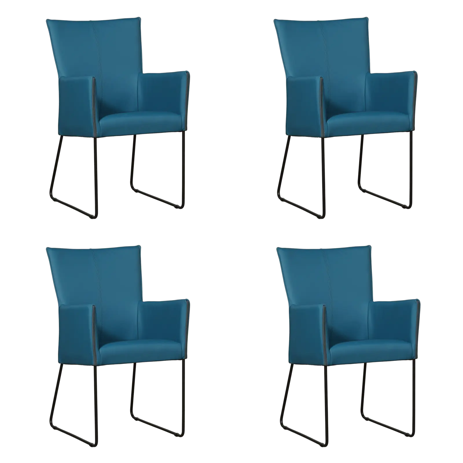 afbeelding van Set van 4 Leren eetkamerstoelen Mate met armleuning - Toledo Turquoise (blauw) - U-poot staal rond zwart