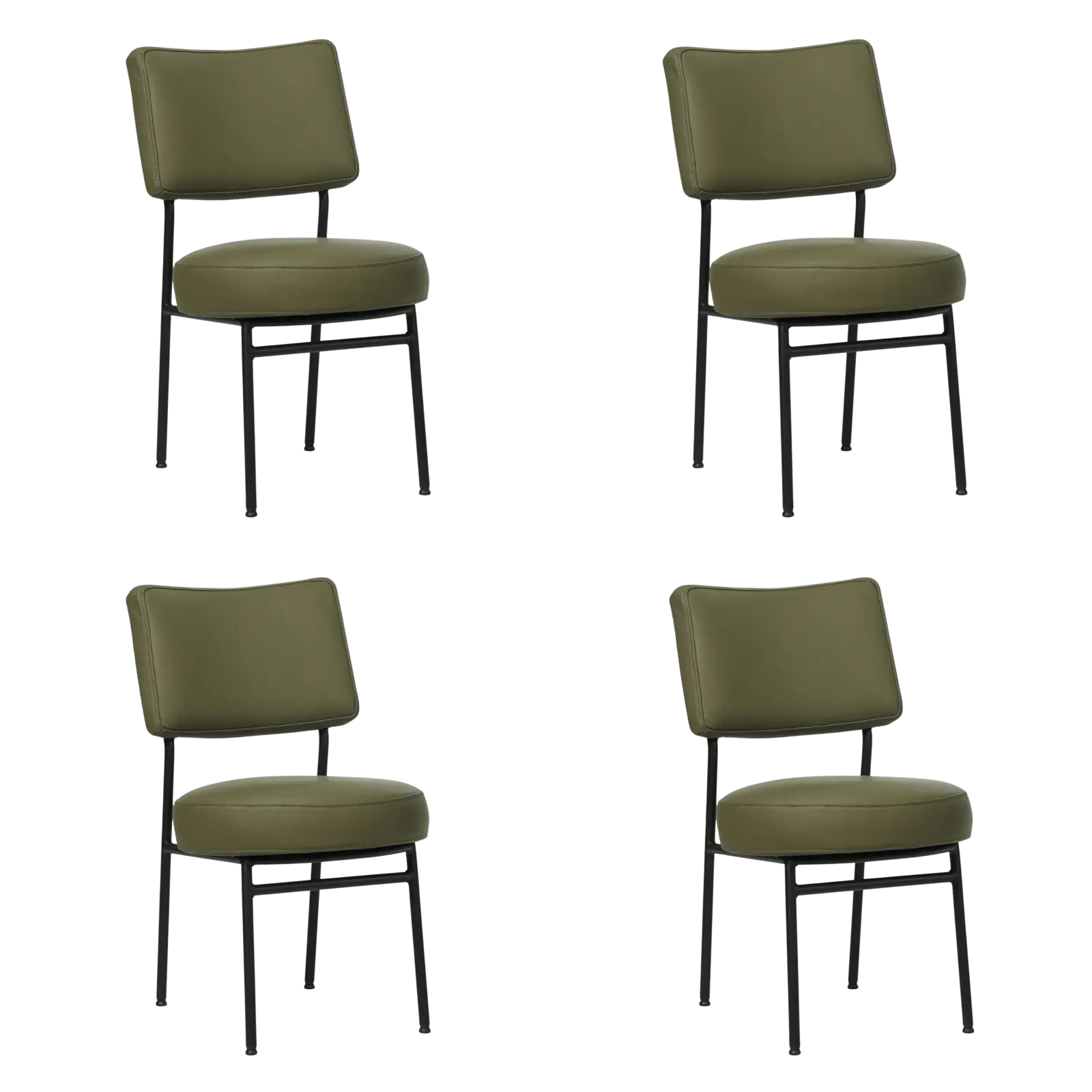 afbeelding van Set van 4 Leren eetkamerstoelen Rondo - Toledo Olive (olijf/goen) - Poten staal rond zwart