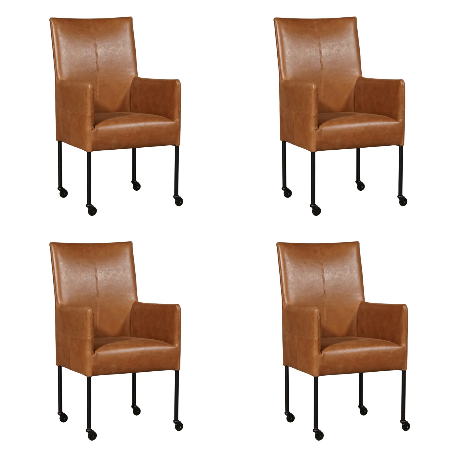 afbeelding van Set van 4 Leren eetkamerstoelen Spark - Vintage Cognac (cognac) - Poten staal rond zwart