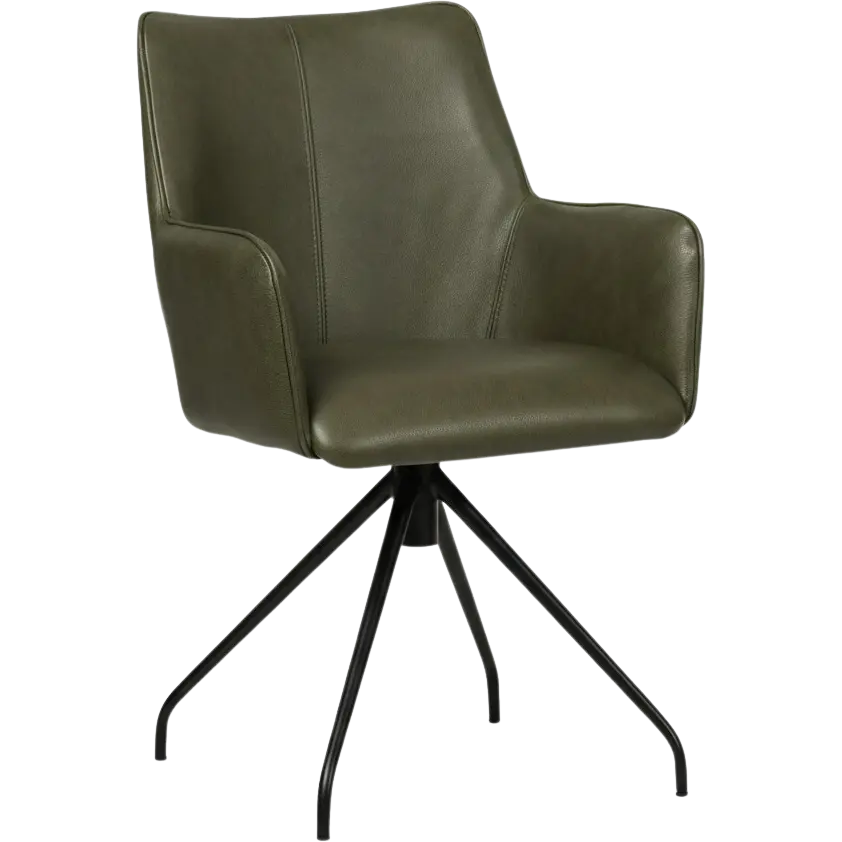 afbeelding van Set van 4 Leren eetkamerstoelen Wave - Granada Moss (olijf/groen) - Spinpoot staal rond zwart