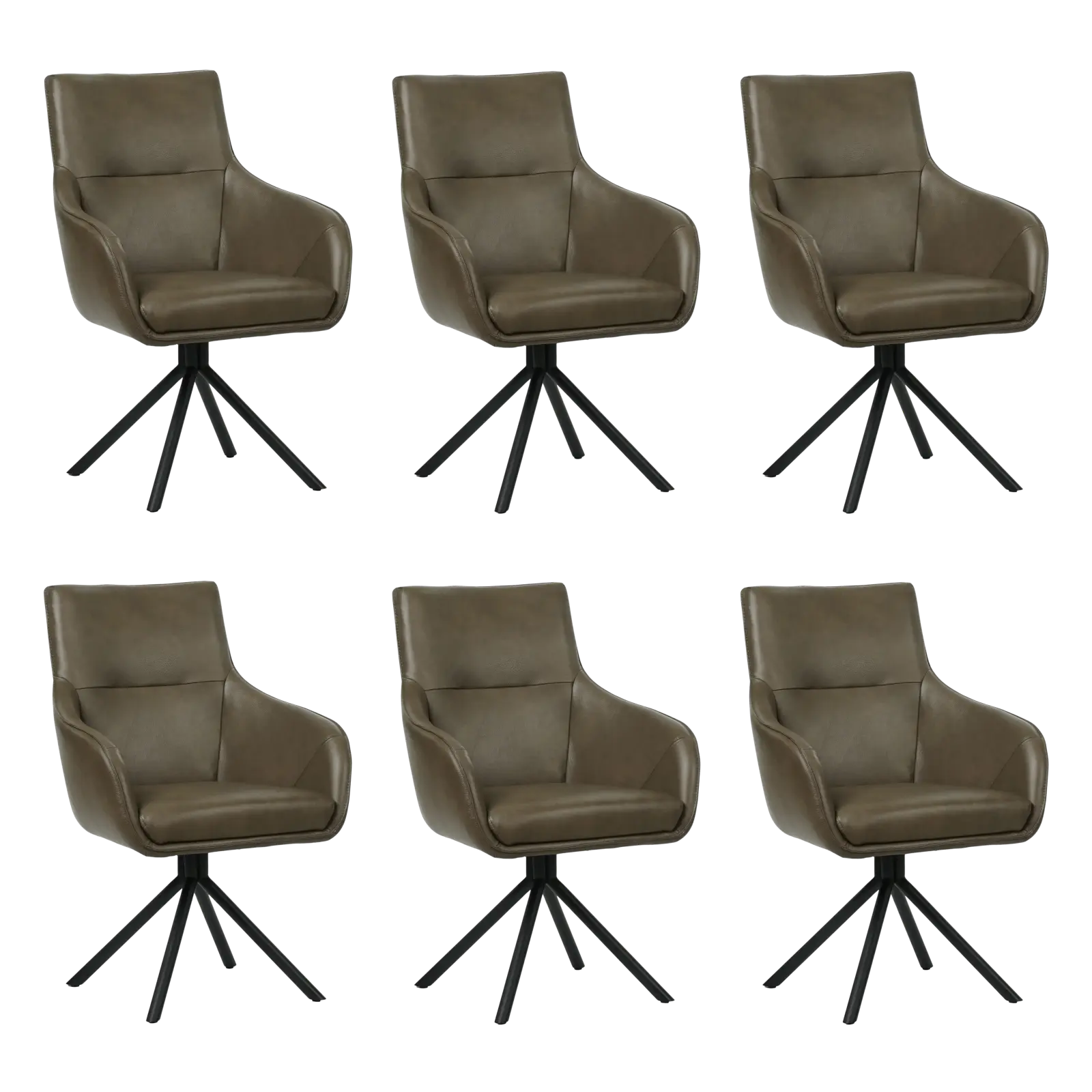 afbeelding van Set van 6 Leren draaibare eetkamerstoelen Fancy - Granada Ash (grijs/bruin) - Spinpoot staal rond zwart