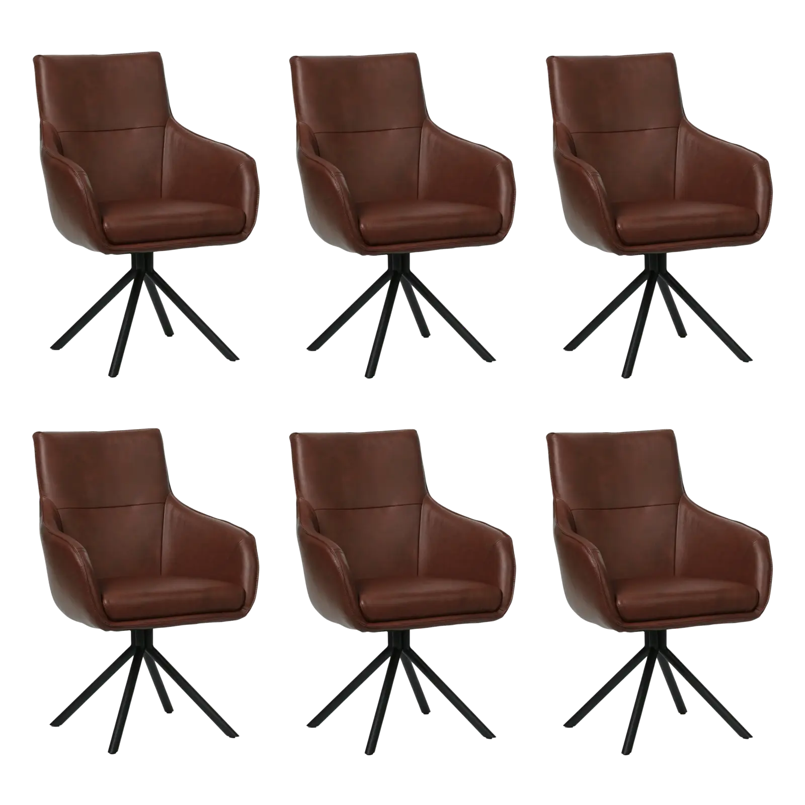 afbeelding van Set van 6 Leren draaibare eetkamerstoelen Fancy - Granada Cognac (donkercognac) - Spinpoot staal rond zwart