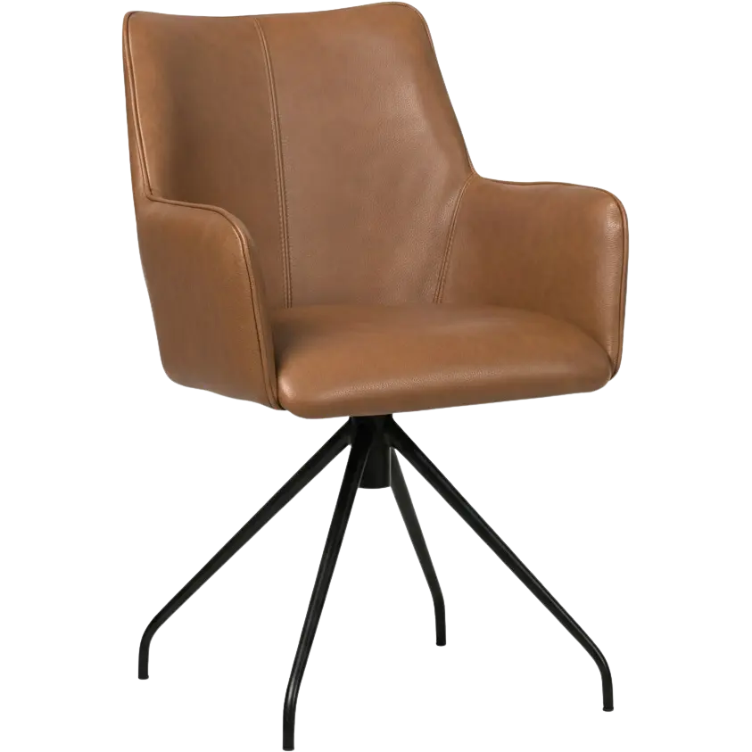 afbeelding van Set van 6 Leren draaibare eetkamerstoelen Wave - Granada Sahara (cognac) - Spinpoot staal rond zwart