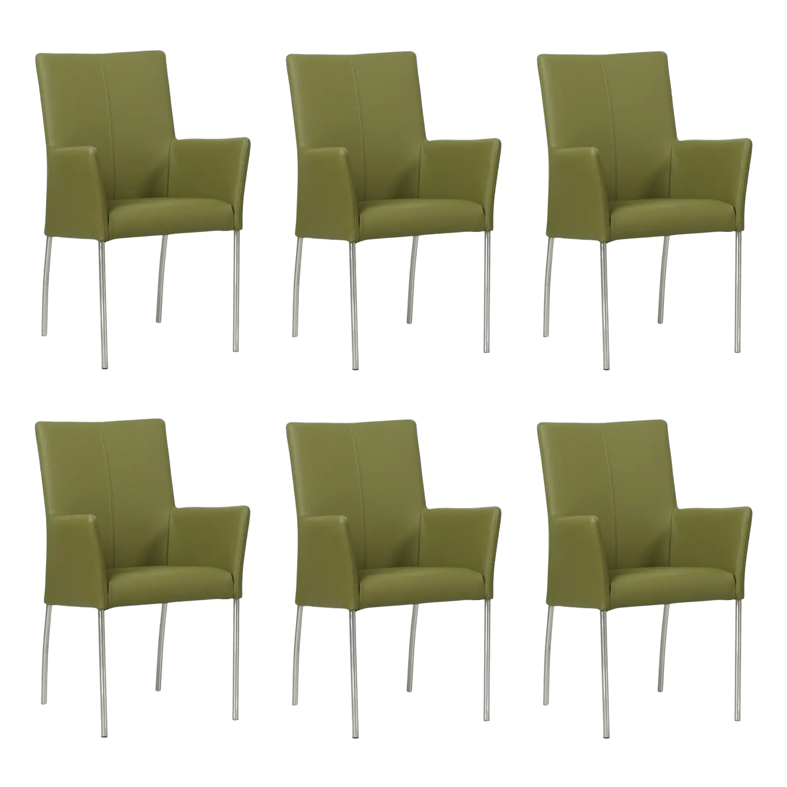 afbeelding van Set van 6 Leren eetkamerstoelen Comfort met armleuning - Toledo Apple Green (groen) - Poten staal rond RVS