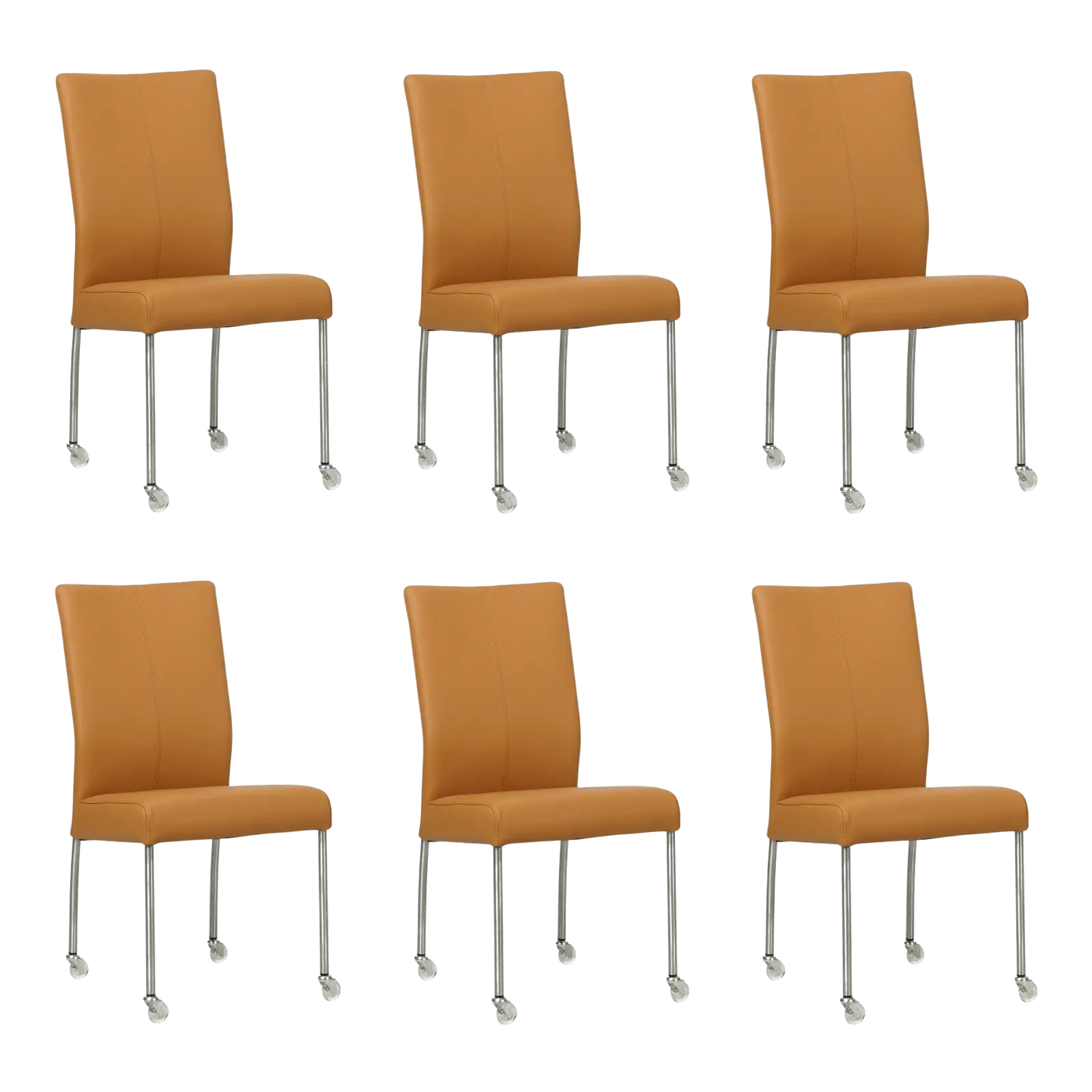 afbeelding van Set van 6 Leren eetkamerstoelen Comfort met wieltjes - Toledo Sabbia (lichtcognac) - Poten staal rond RVS