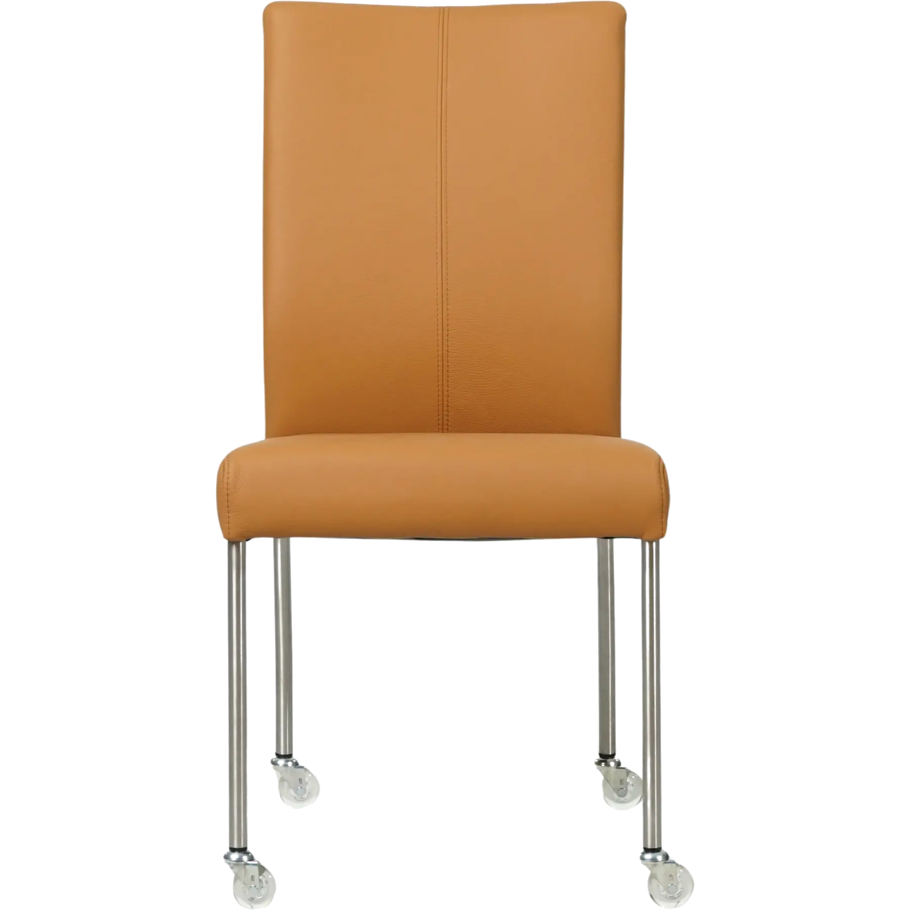 afbeelding van Set van 6 Leren eetkamerstoelen Comfort met wieltjes - Toledo Sabbia (lichtcognac) - Poten staal rond RVS