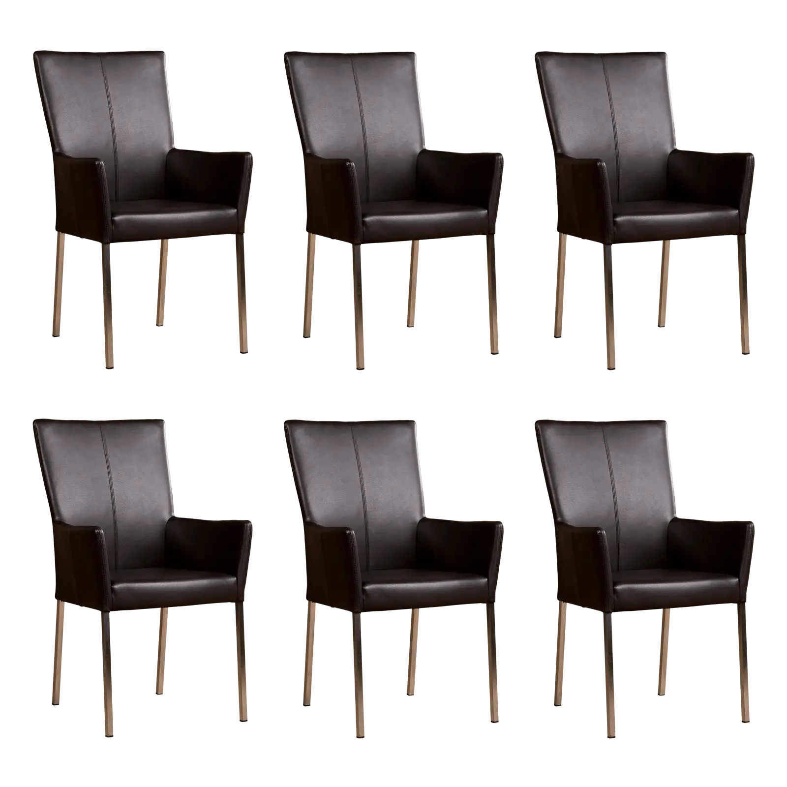 afbeelding van Set van 6 Leren eetkamerstoelen Daily met armleuning - Granada Ebony (donkerbruin) - Poten staal vierkant RVS