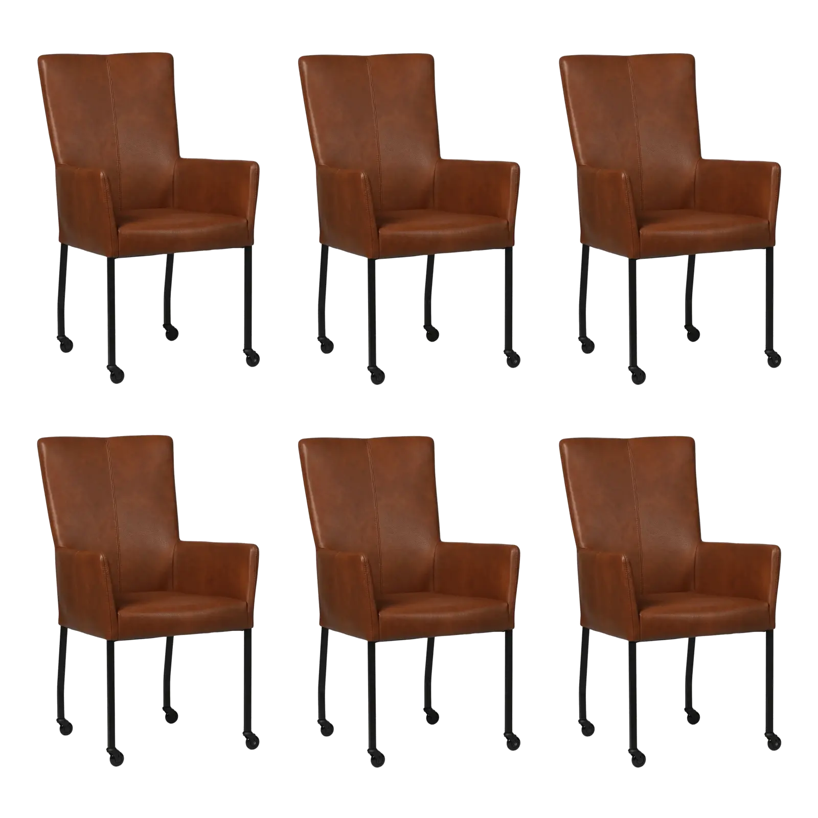 afbeelding van Set van 6 Leren eetkamerstoelen Deal met armleuning - Granada Savannah (cognac) - Poten staal vierkant zwart