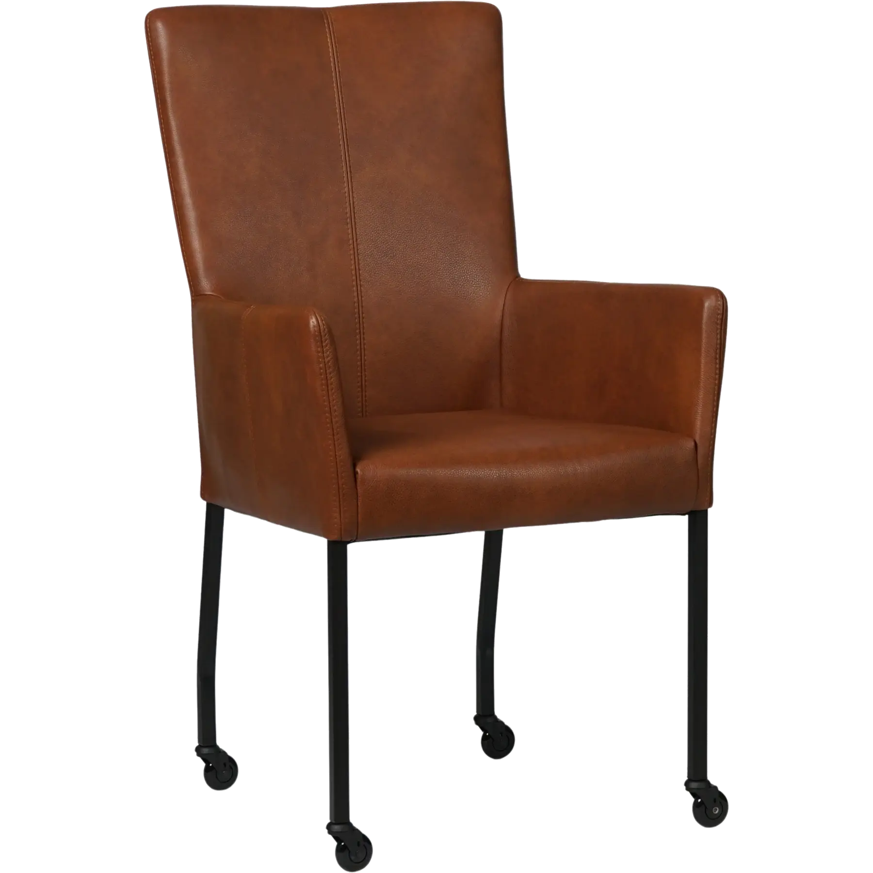 afbeelding van Set van 6 Leren eetkamerstoelen Deal met armleuning - Granada Savannah (cognac) - Poten staal vierkant zwart