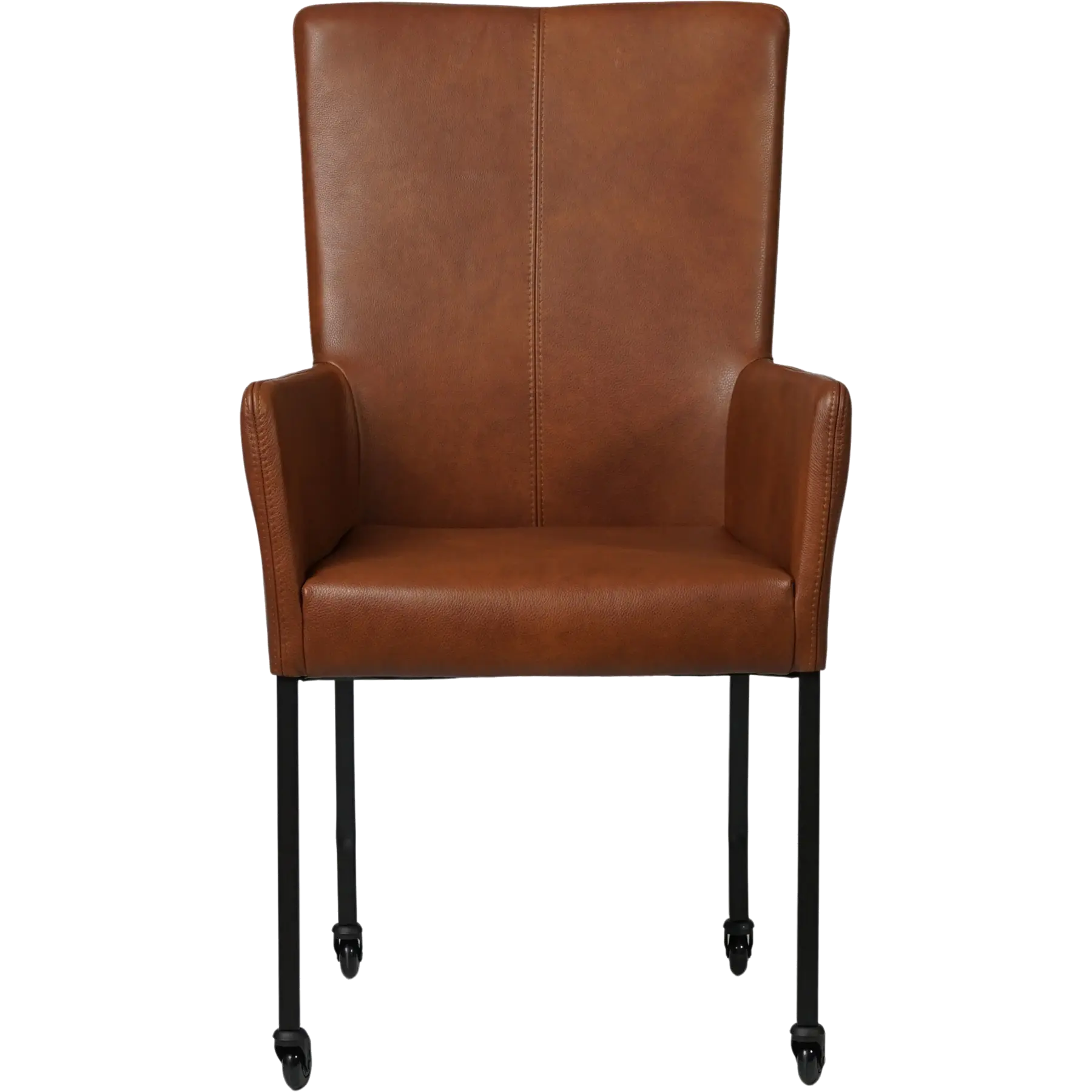 afbeelding van Set van 6 Leren eetkamerstoelen Deal met armleuning - Granada Savannah (cognac) - Poten staal vierkant zwart
