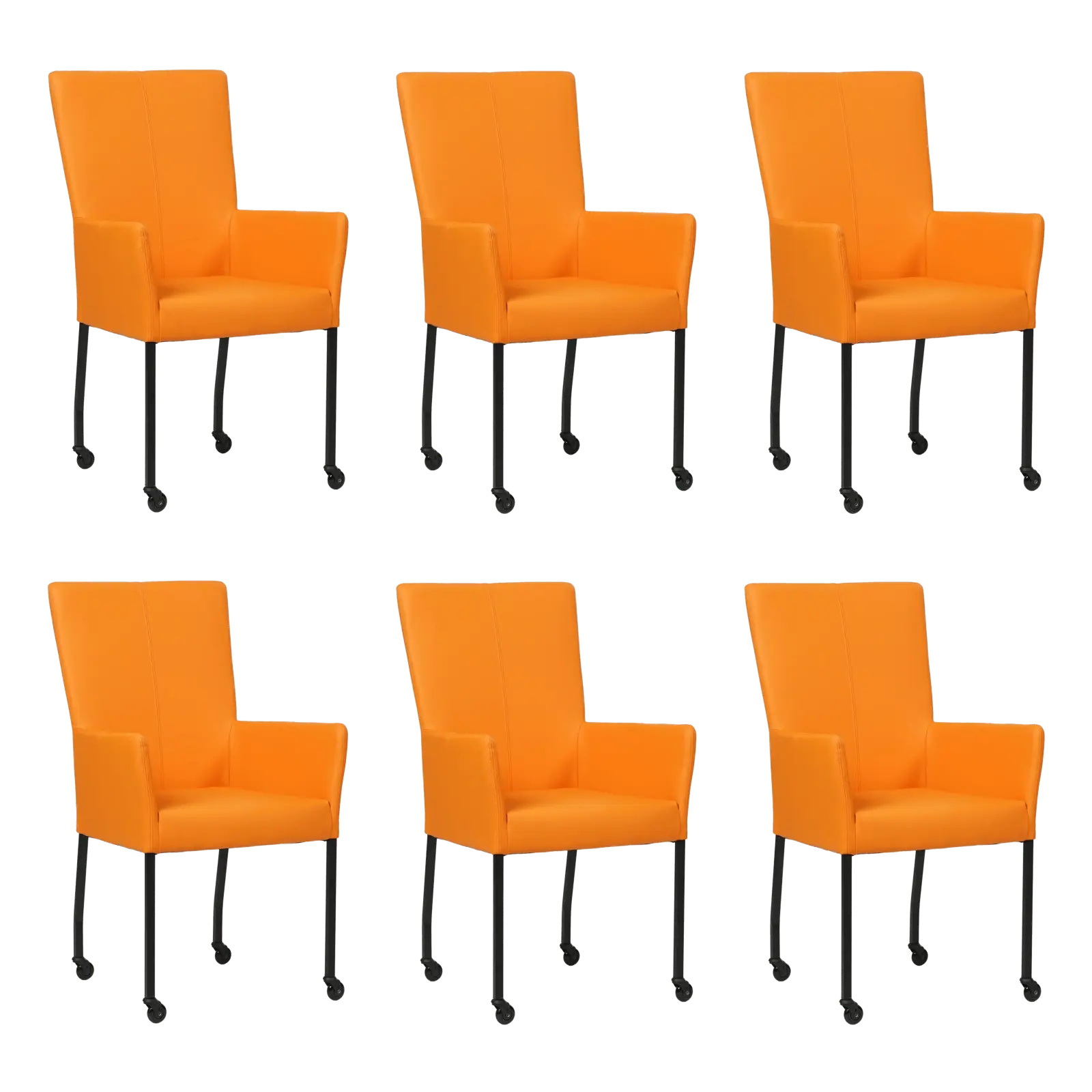 afbeelding van Set van 6 Leren eetkamerstoelen Deal met armleuning - Hermes Arancio (feloranje) - Poten staal vierkant zwart