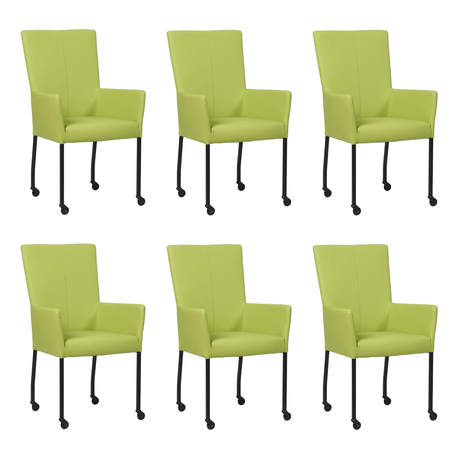 afbeelding van Set van 6 Leren eetkamerstoelen Deal met armleuning - Hermes Lime (felgroen) - Poten staal vierkant zwart