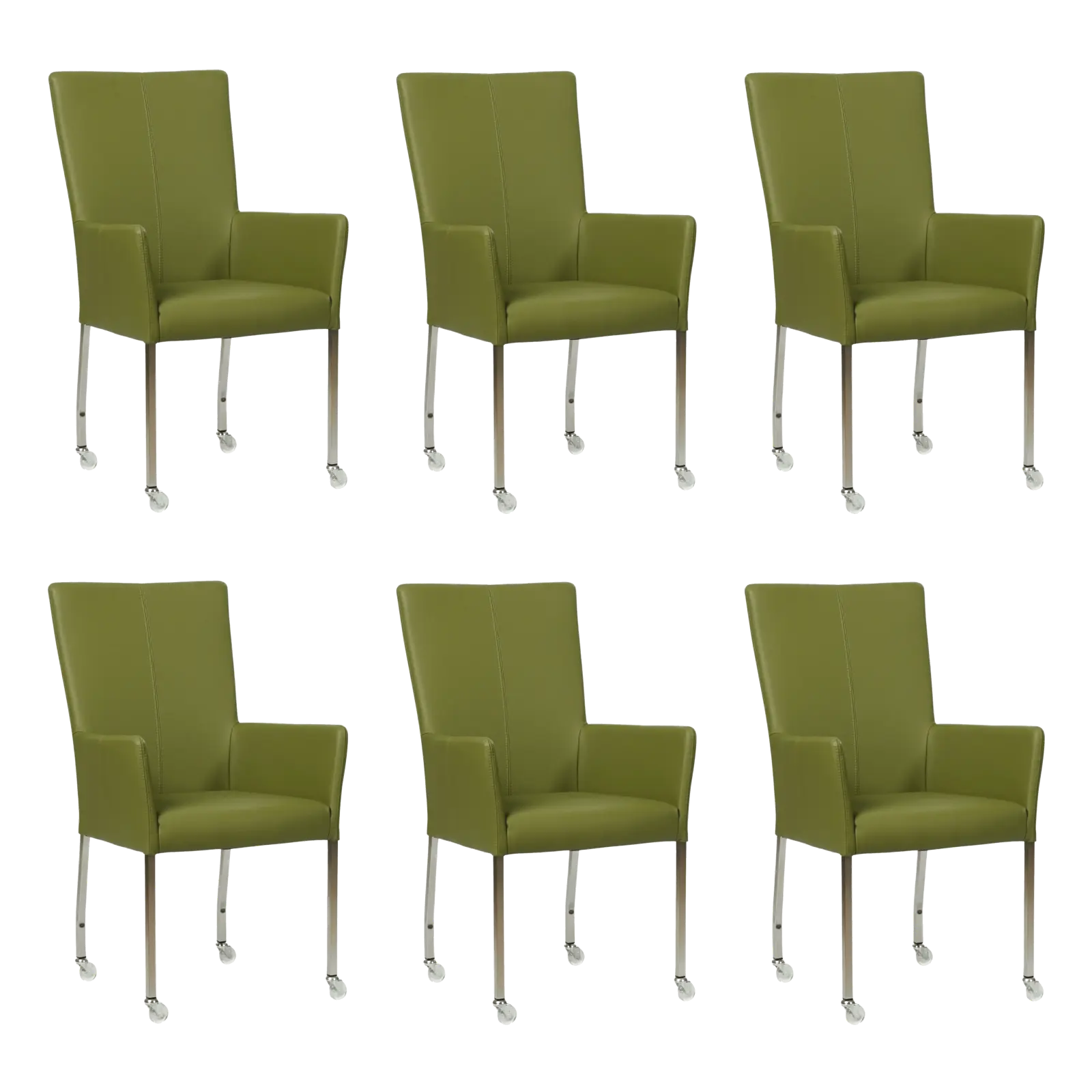 afbeelding van Set van 6 Leren eetkamerstoelen Deal met armleuning - Toledo Apple Green (groen) - Poten staal vierkant RVS
