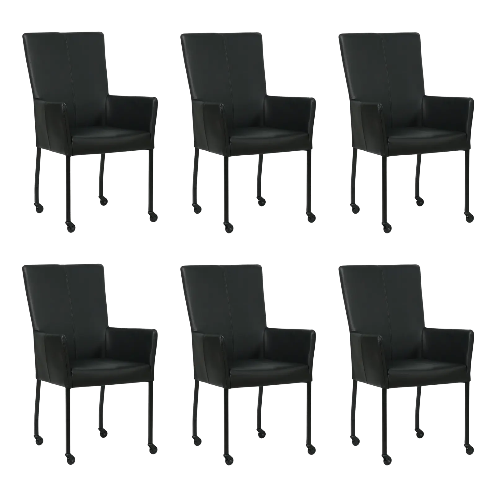 afbeelding van Set van 6 Leren eetkamerstoelen Deal met armleuning - Toledo Nero (zwart) - Poten staal vierkant zwart