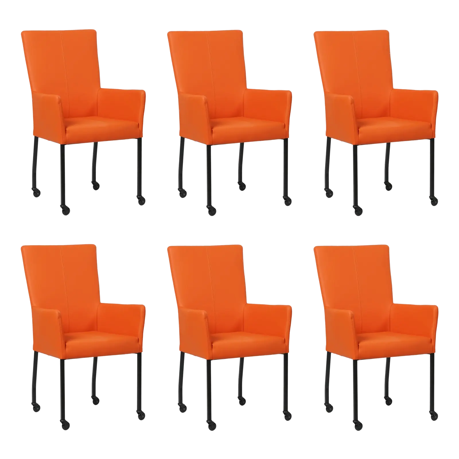 afbeelding van Set van 6 Leren eetkamerstoelen Deal met armleuning - Toledo Orange (oranje) - Poten staal vierkant zwart