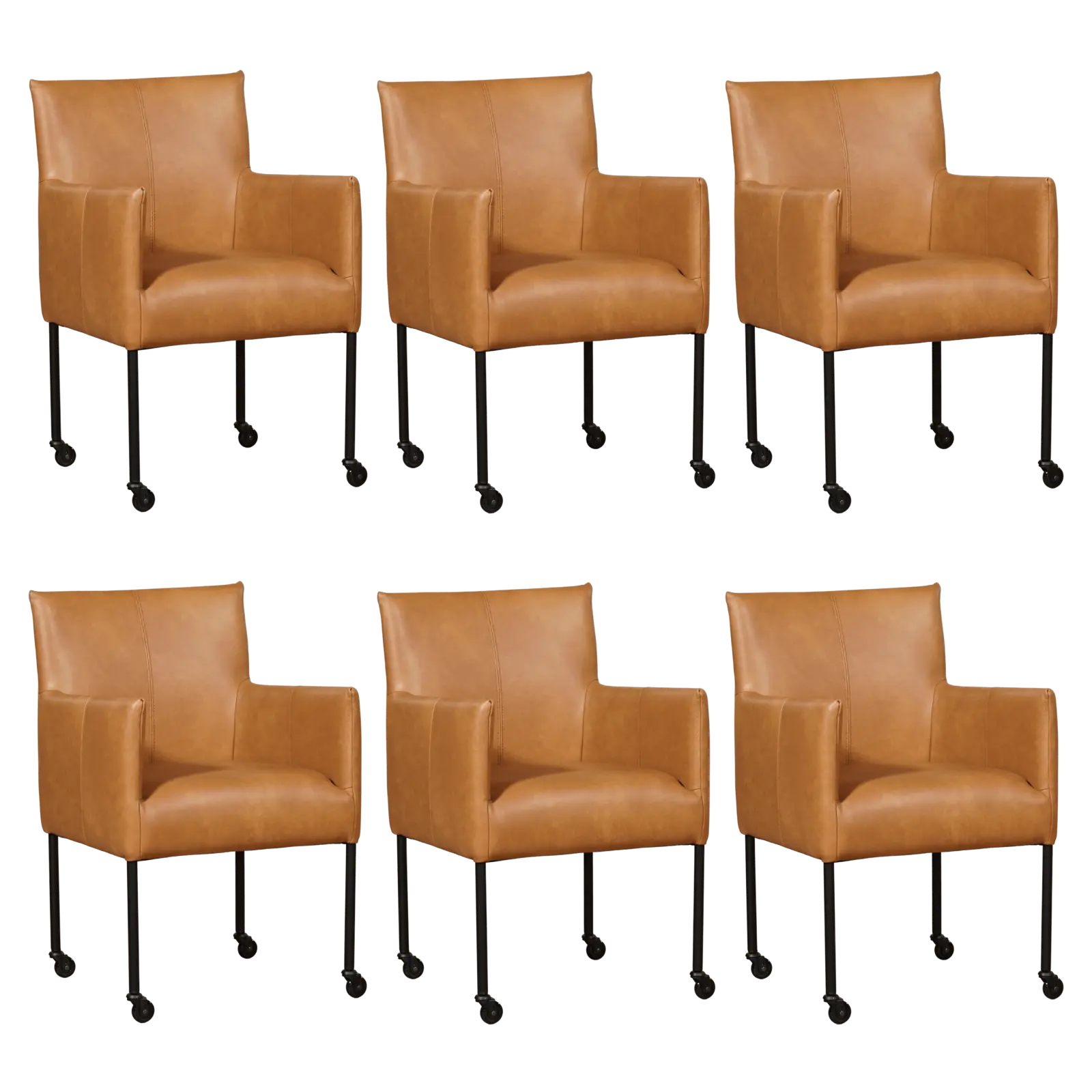 afbeelding van Set van 6 Leren eetkamerstoelen Desire - Granada Sahara (cognac) - Poten staal rond zwart