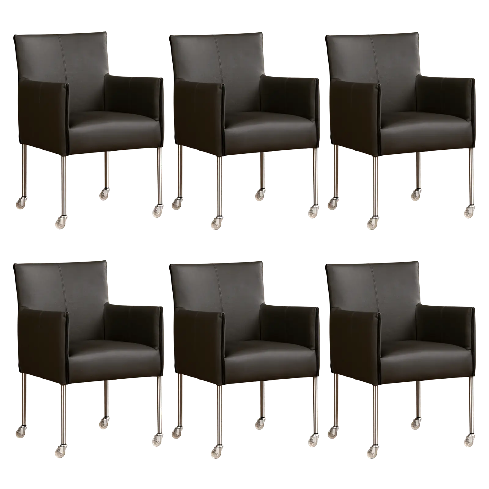 afbeelding van Set van 6 Leren eetkamerstoelen More - Hermes Antracite (donkergrijs) - Poten staal rond RVS