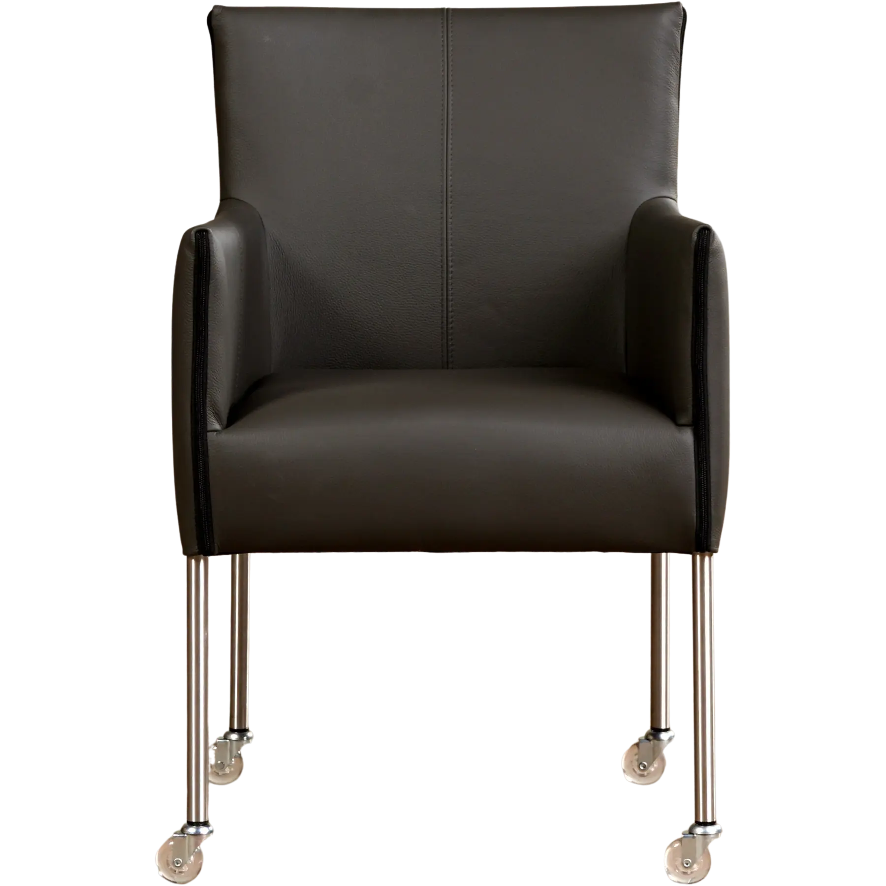 afbeelding van Set van 6 Leren eetkamerstoelen More - Hermes Antracite (donkergrijs) - Poten staal rond RVS