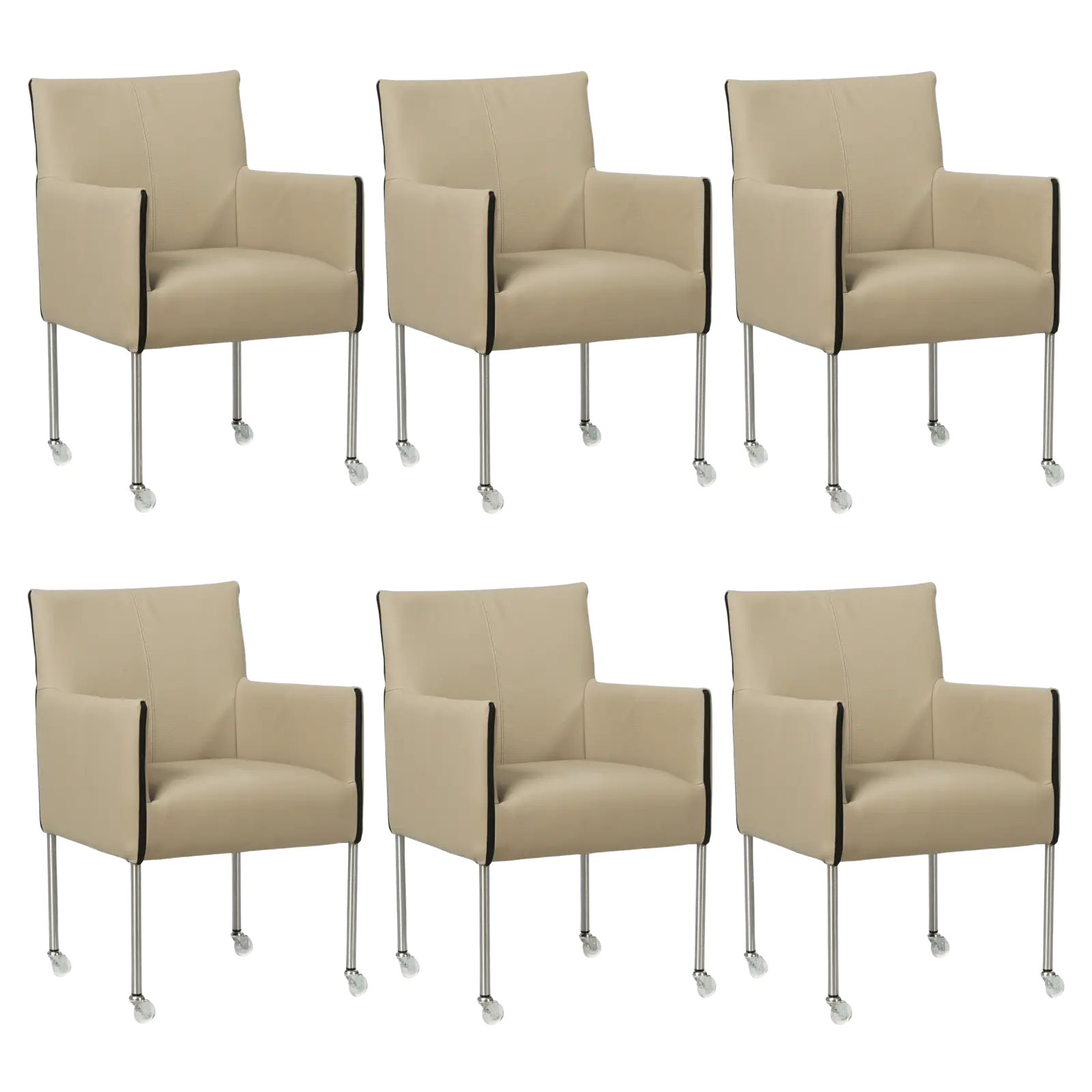 afbeelding van Set van 6 Leren eetkamerstoelen More - Toledo Mastic (taupe/bruin) - Poten staal rond RVS