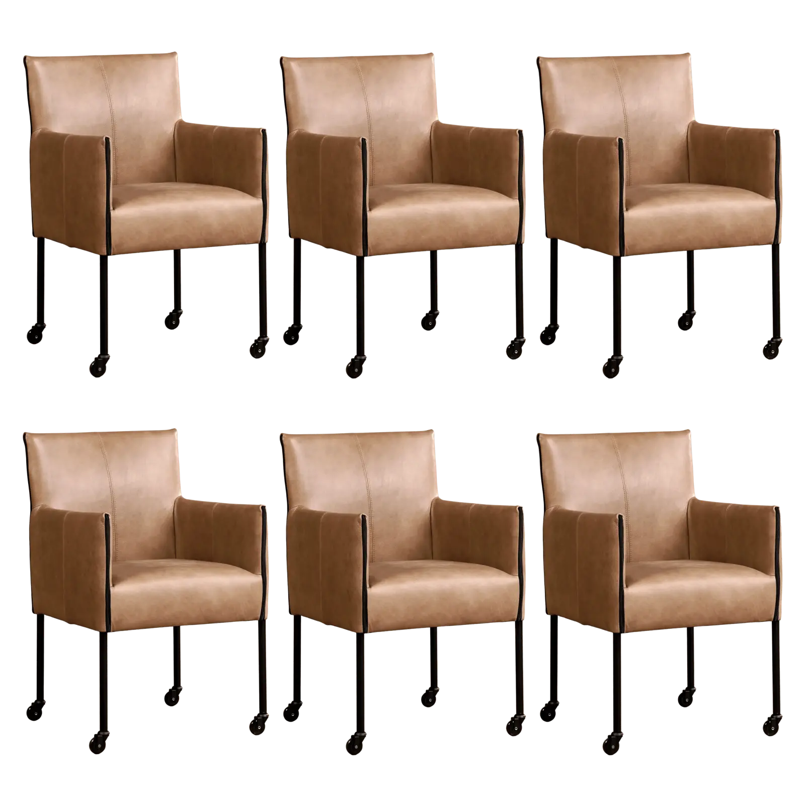 afbeelding van Set van 6 Leren eetkamerstoelen More - Vintage Taupe (taupe/bruin) - Poten staal rond zwart