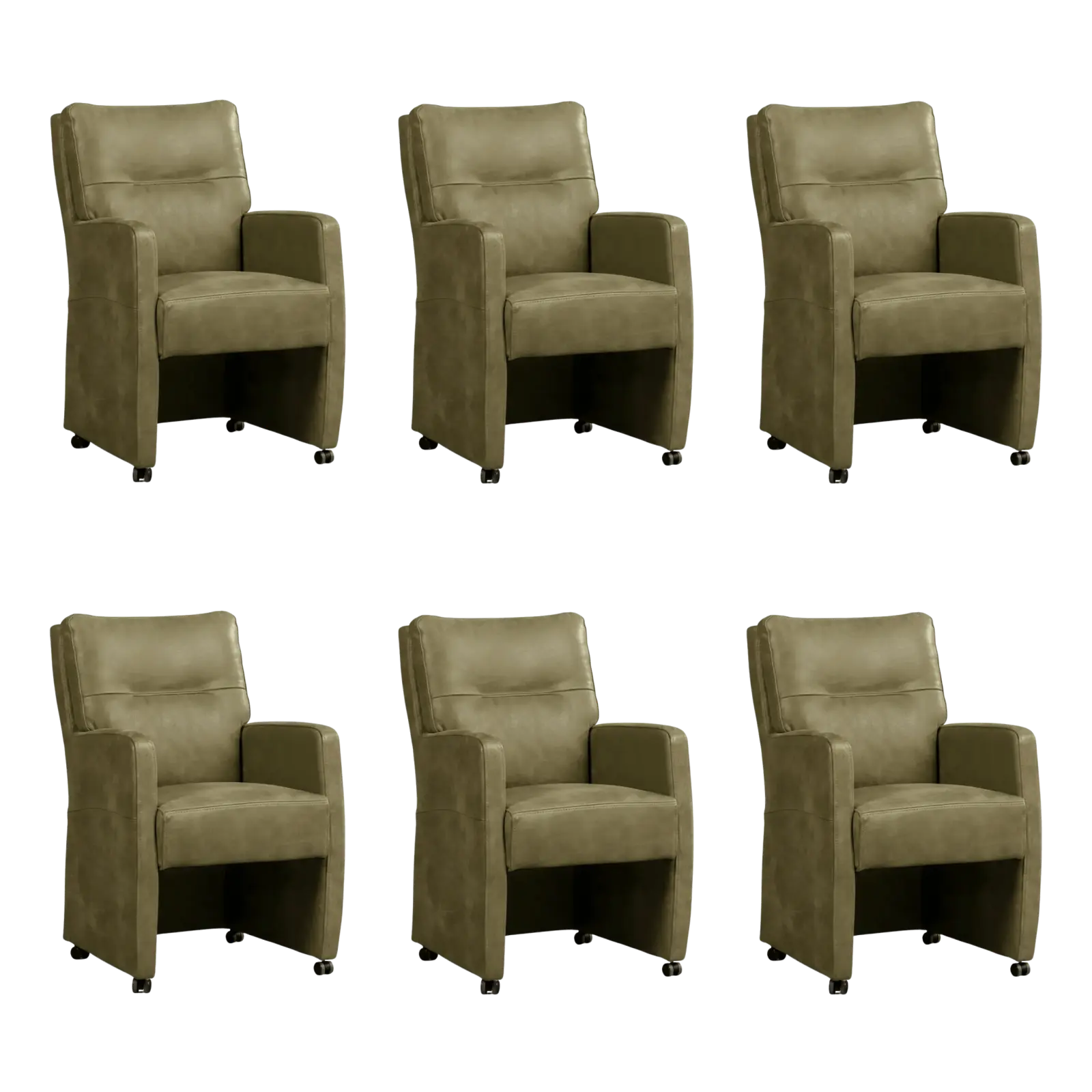 afbeelding van Set van 6 Leren eetkamerstoelen Sharp - Kenia Olive (olijf) - Met handgreep RVS