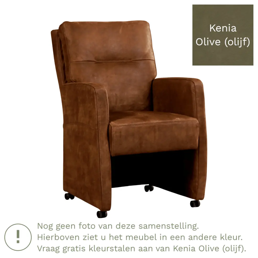 afbeelding van Set van 6 Leren eetkamerstoelen Sharp - Kenia Olive (olijf) - Met handgreep RVS