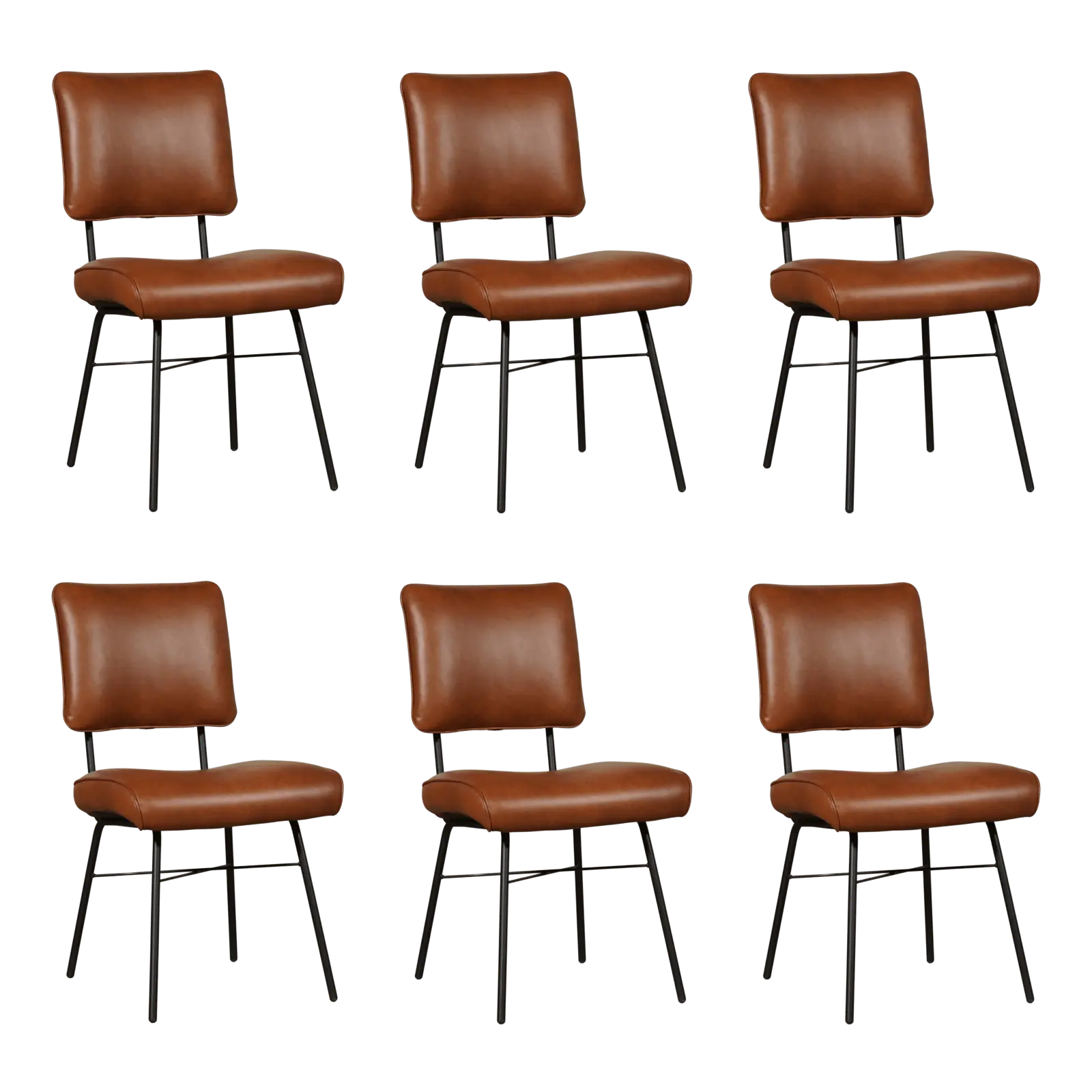afbeelding van Set van 6 Leren eetkamerstoelen Solid - Granada Savannah (cognac) - Poten staal rond zwart
