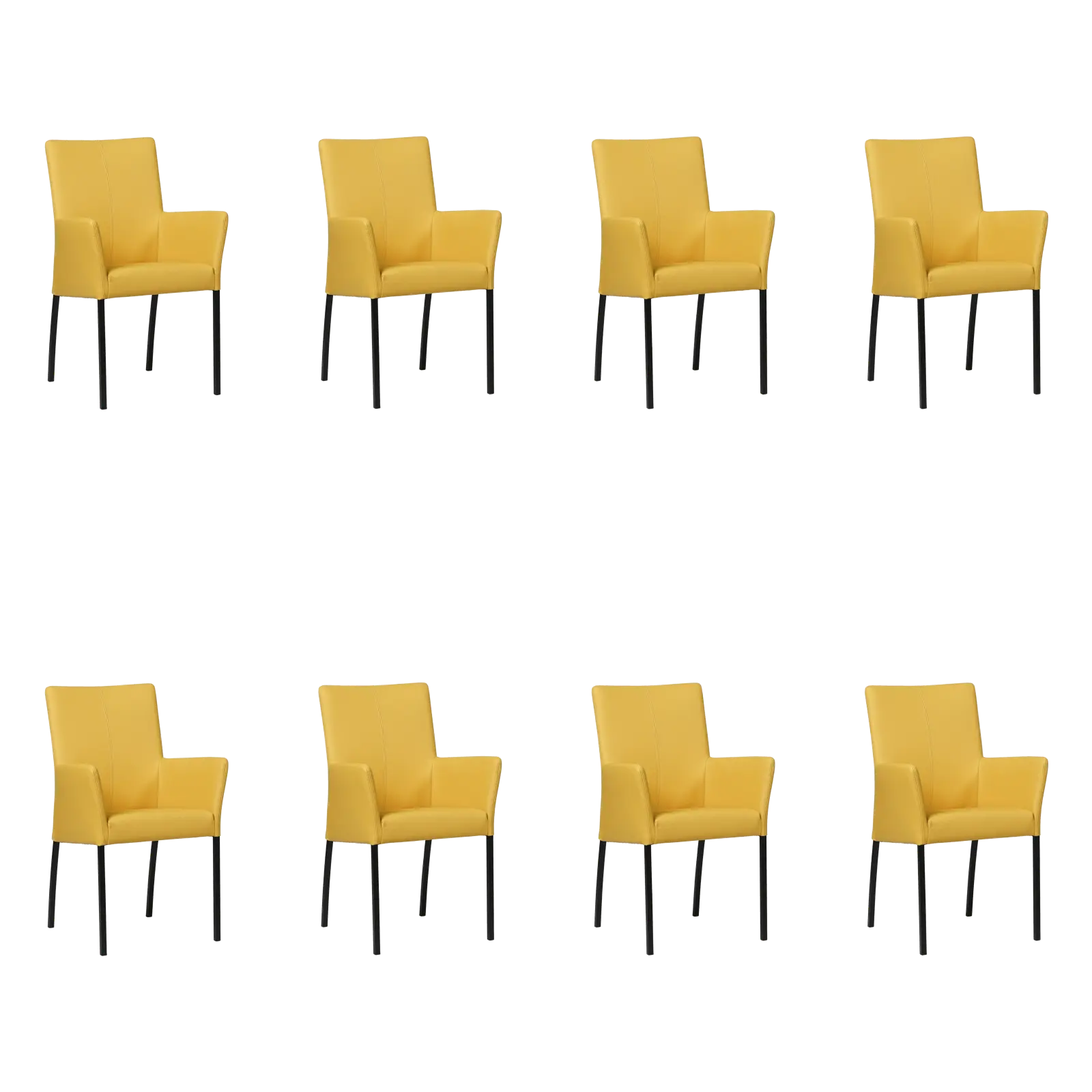 afbeelding van Set van 8 Leren eetkamerstoelen Comfort met armleuning - Toledo Giallo (geel) - Poten staal vierkant zwart