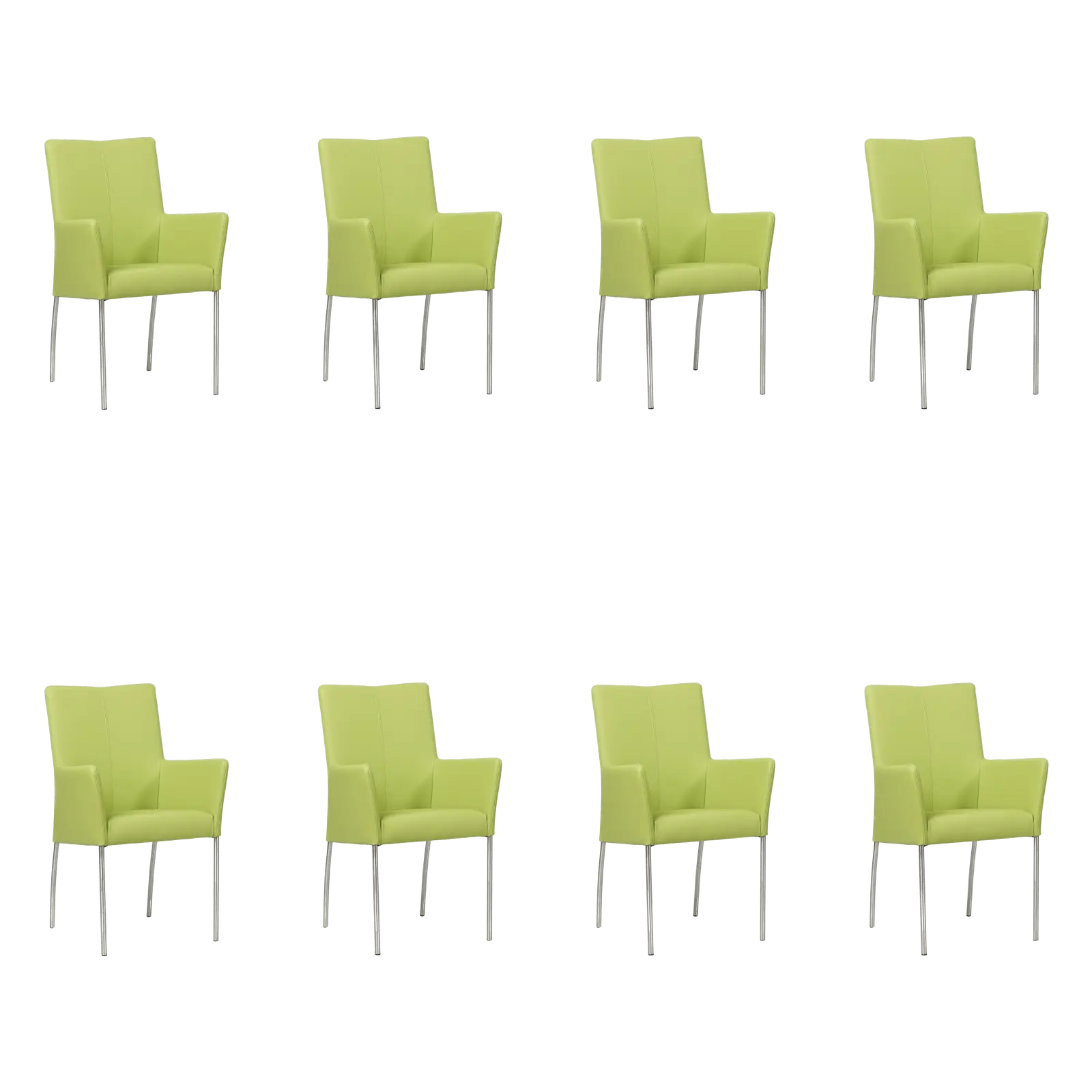 afbeelding van Set van 8 Leren eetkamerstoelen Comfort met armleuning - Toledo Lime (felgroen) - Poten staal rond RVS
