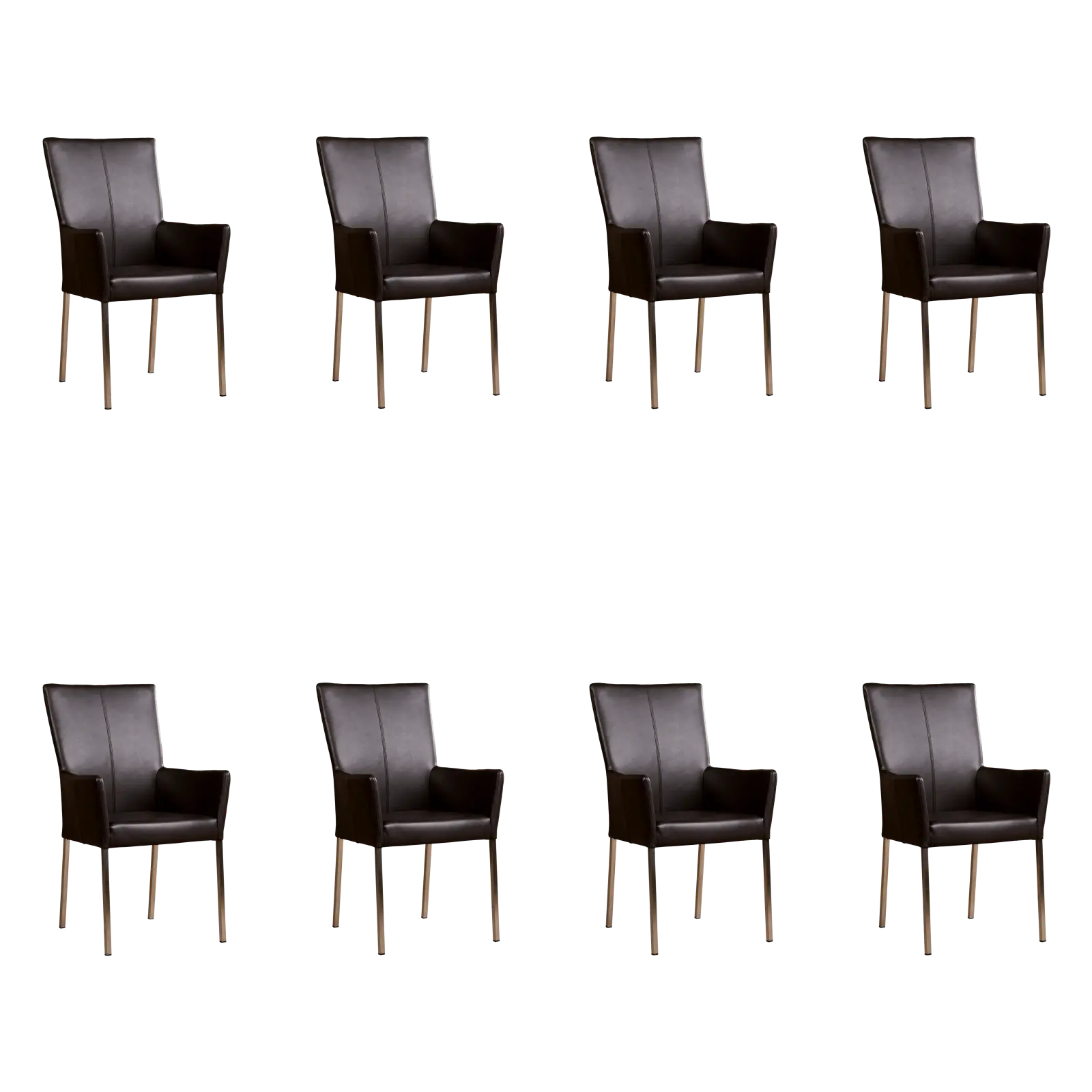 afbeelding van Set van 8 Leren eetkamerstoelen Daily met armleuning - Granada Ebony (donkerbruin) - Poten staal vierkant RVS